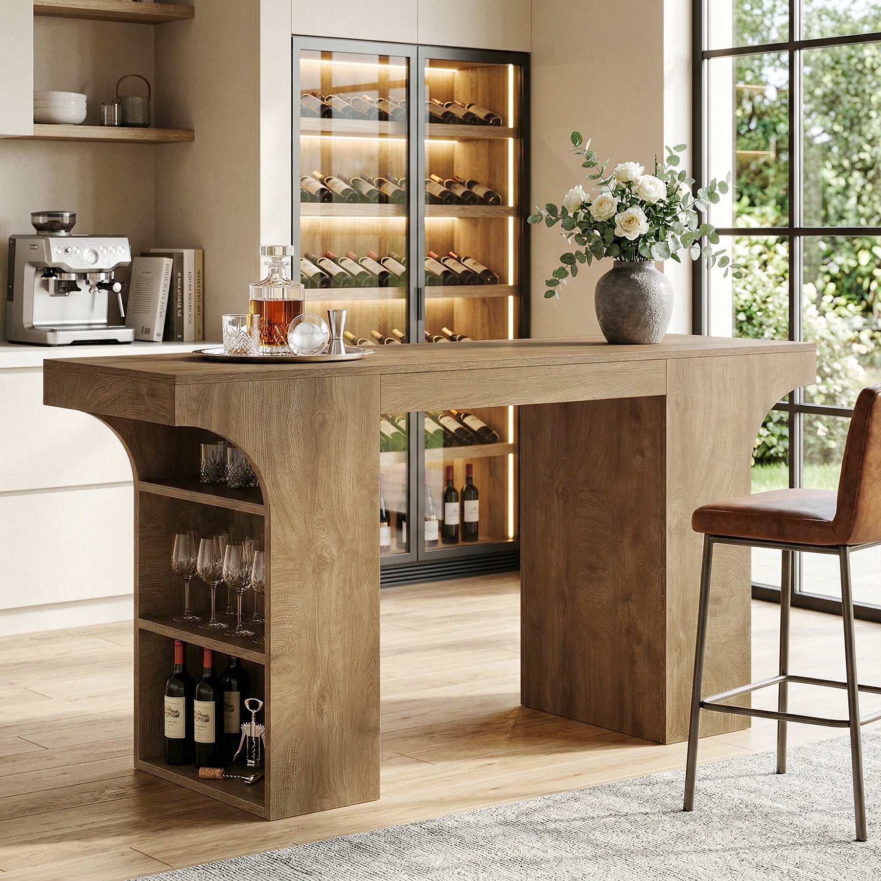 63" Bar Table, Rectangular Counter Height Pub Table with Storage Shelves