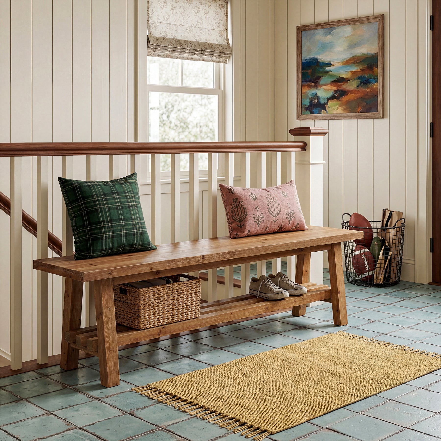 Solid Wood Entryway Bench, 2-Tier Shoe Bench with Shelf for