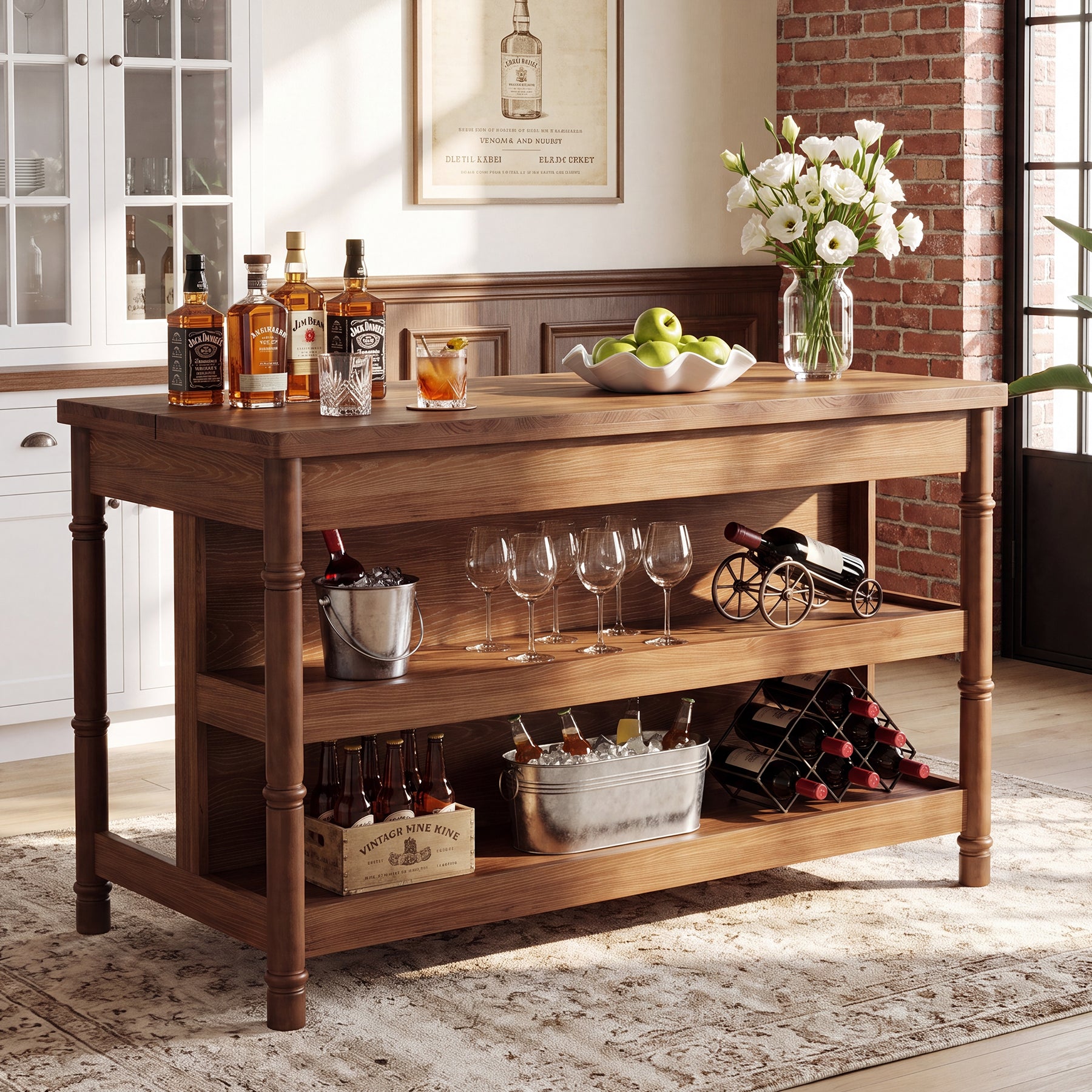 63" Counter Height Bar Table with Storage, Solid Wood Farmhouse Kitchen Bar Table, 3-Tier Shelves