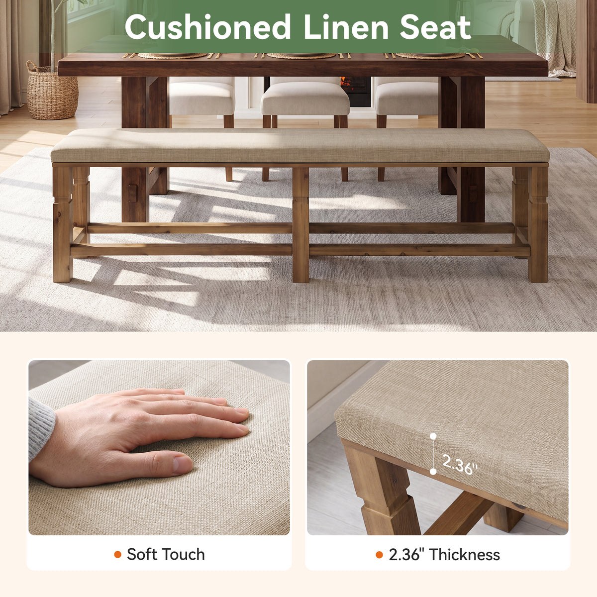 70.87" Upholstered Solid Wood Dining Bench with Linen Fabric Cushion