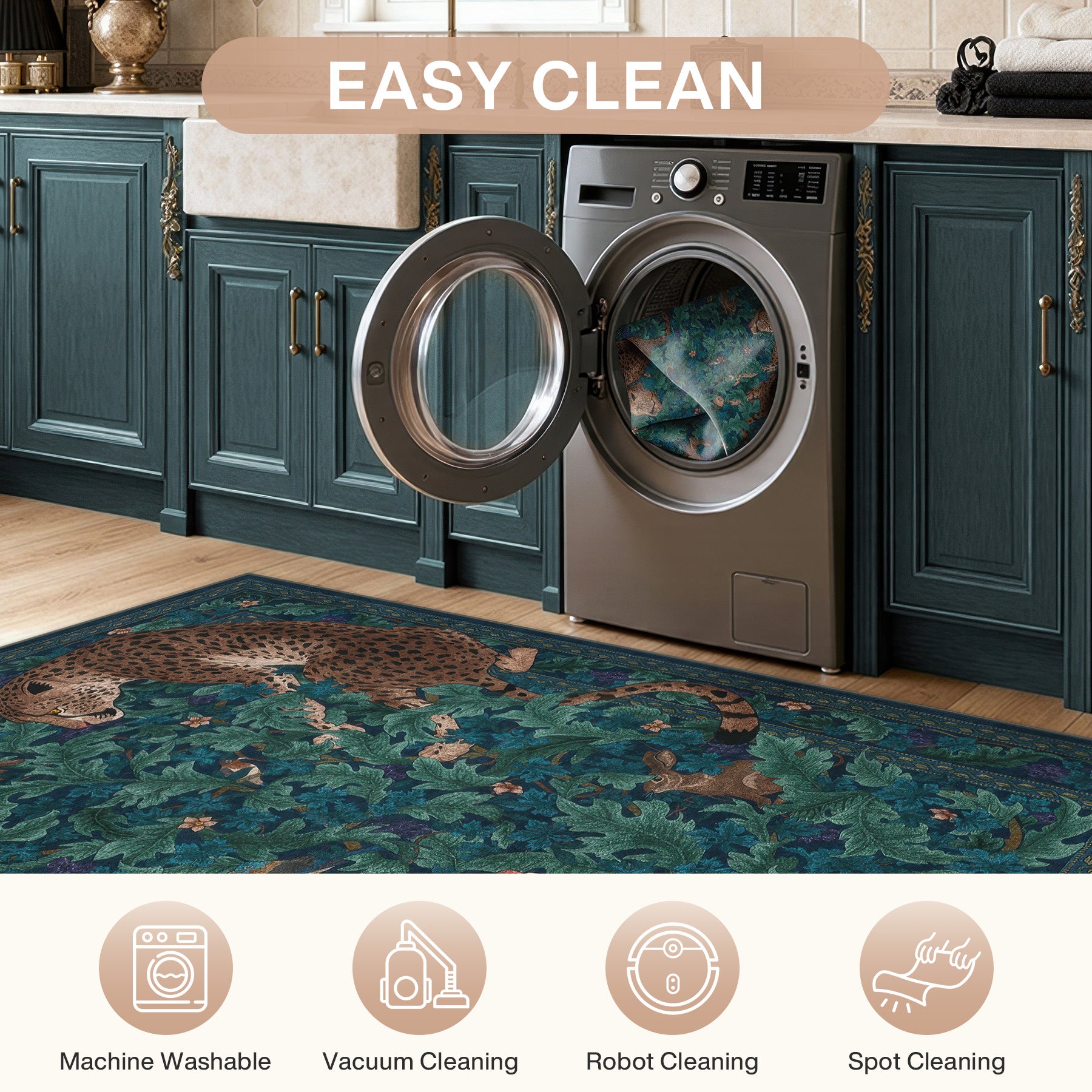 Morris Jungle Leopard Print Rug, Non Slip Washable Area Rug for Living Room, Bedroom