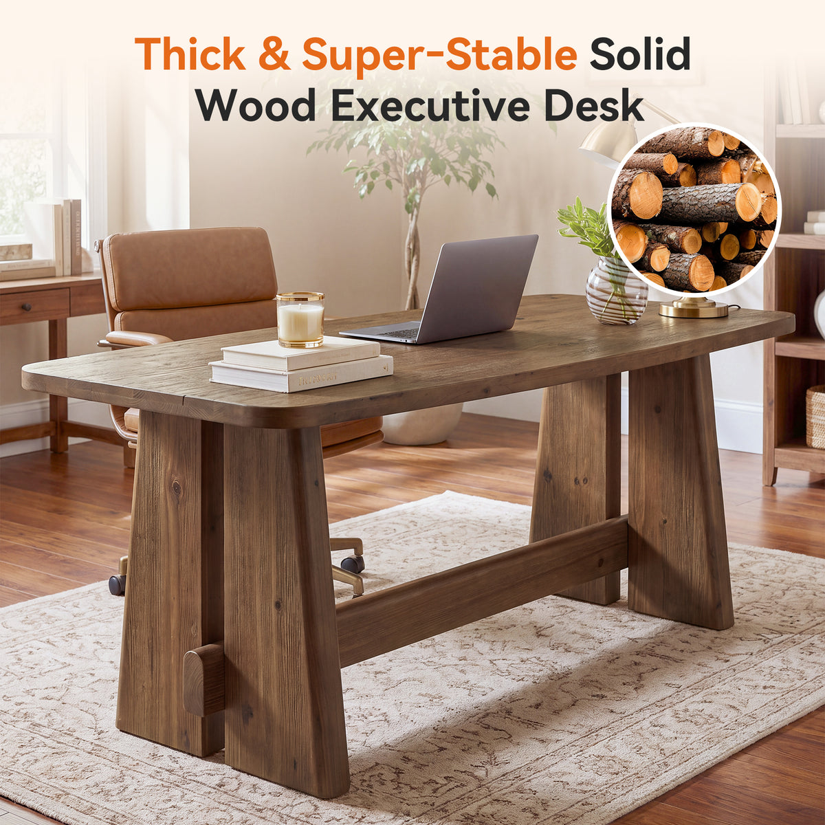 63" Farmhouse Solid Wood Executive Desk with Thick Tabletop, Home Office Desk