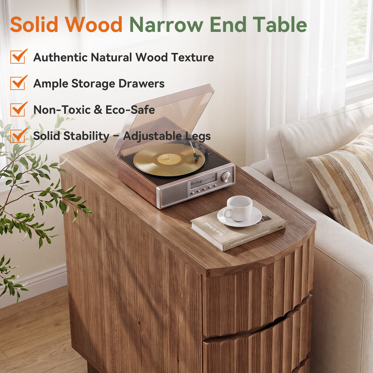 Solid Wood End Table, 3-Drawer Narrow Side Table with Curved Design for Living Room