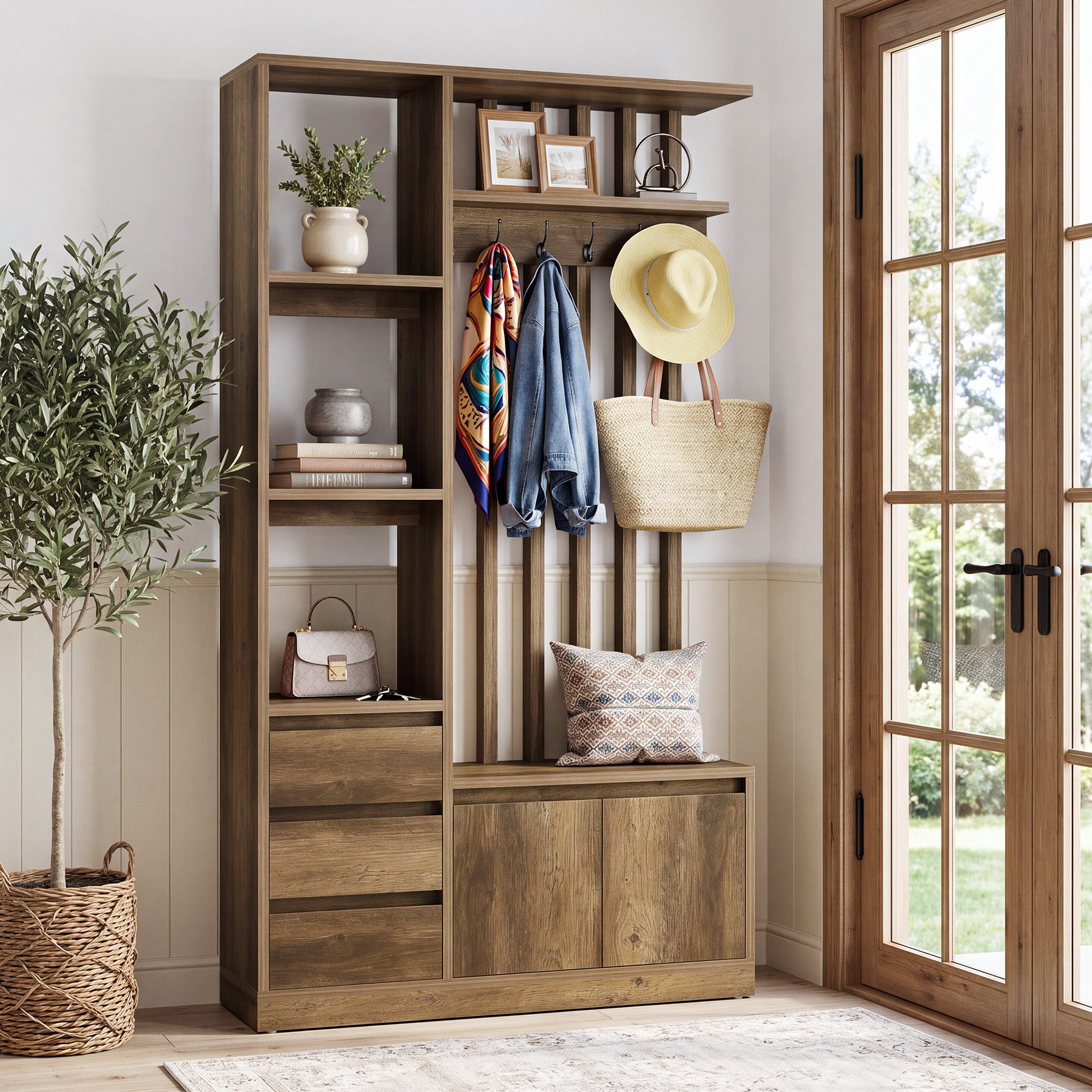 Hall Tree with Bench & Shoe Storage, Farmhouse 6 Hooks, 3 Shelves, 5 Shoe Cubbies, Entryway