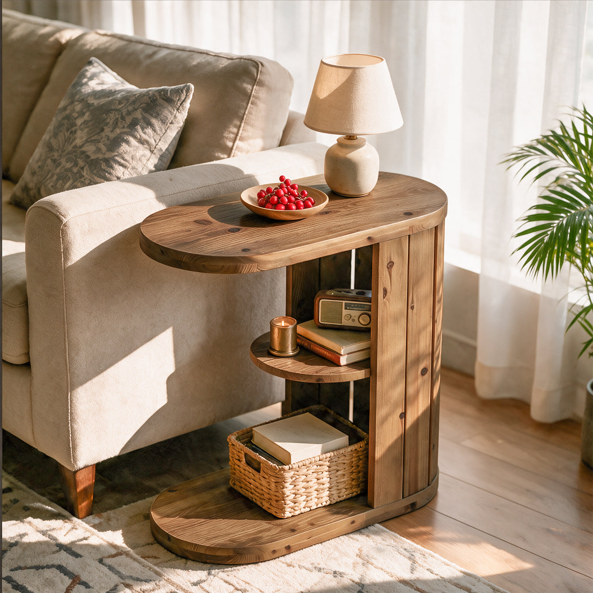 Rustic Solid Wood C-Shaped Side Table with Storage, Narrow Sofa End Table