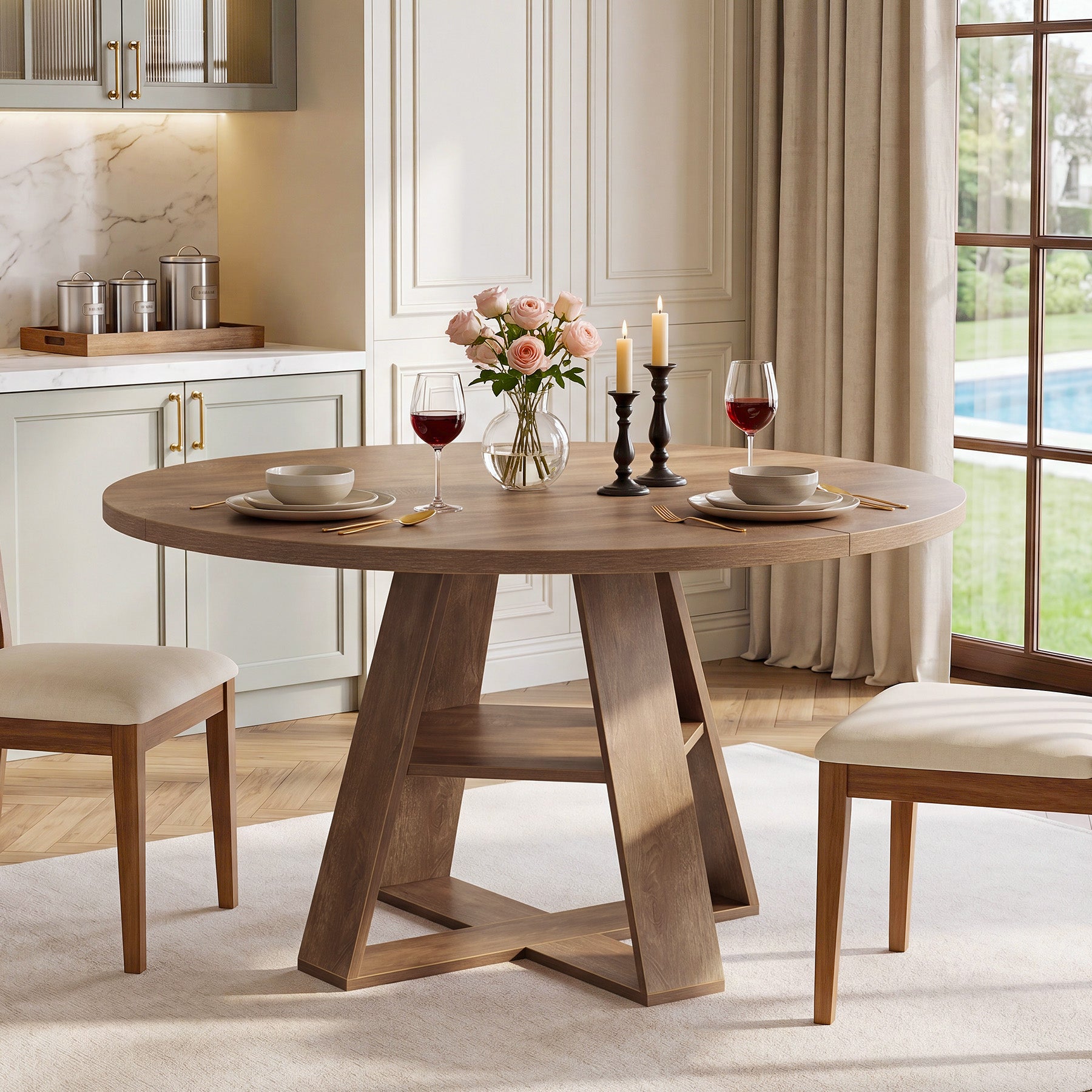 47.24" Round Dining Table for 4-6, Farmhouse Kitchen Table with Storage Shelf & X-Cross Base