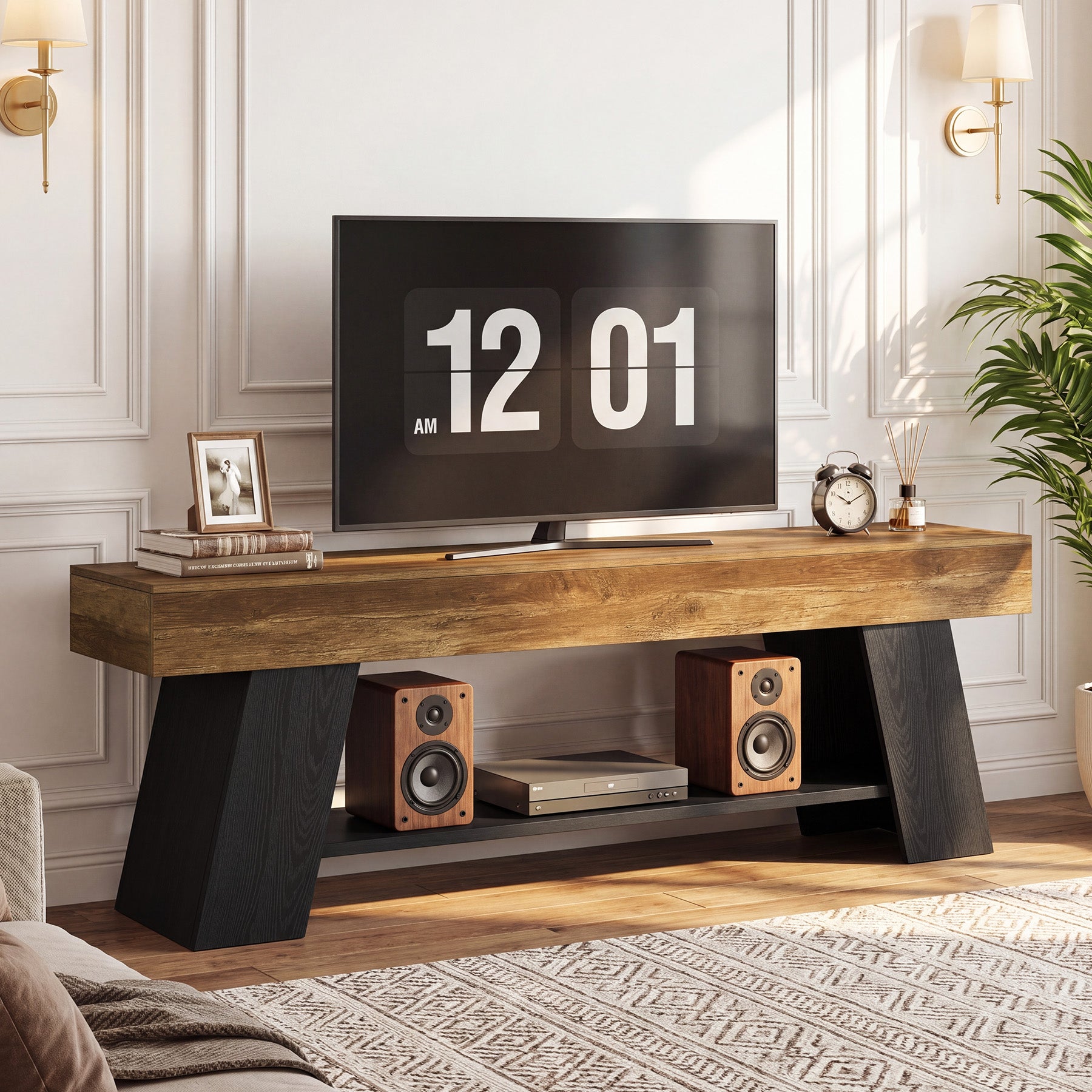 63" TV Stand for 55/65/70 Inch TVs, Industrial Media Console with Open Storage Shelf