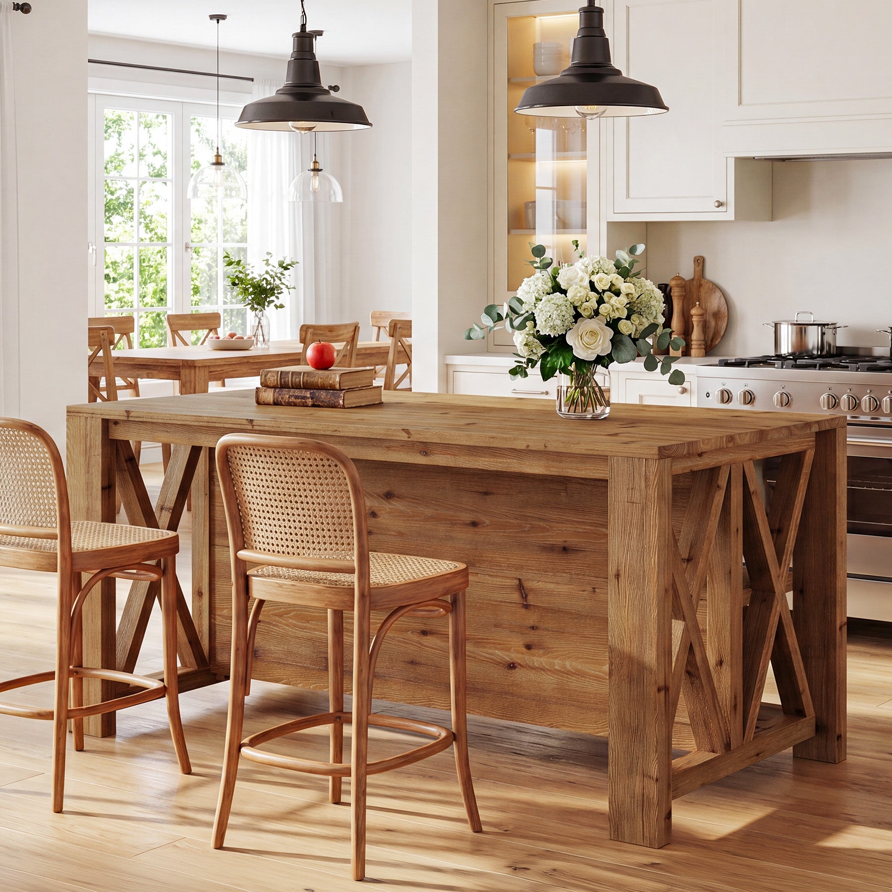 55" Solid Wood Kitchen Island, 3-Tier Stationary Storage Table For Kitchen Dining Room