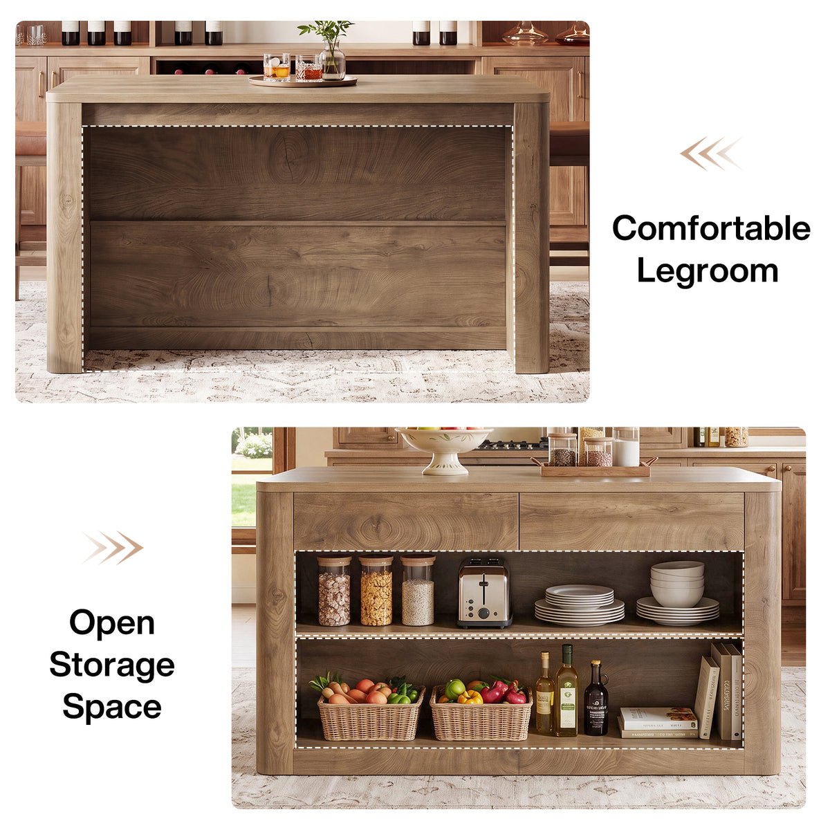 55" Kitchen Island with 2 Drawers & 3 Shelves, Farmhouse Stationary Island Table