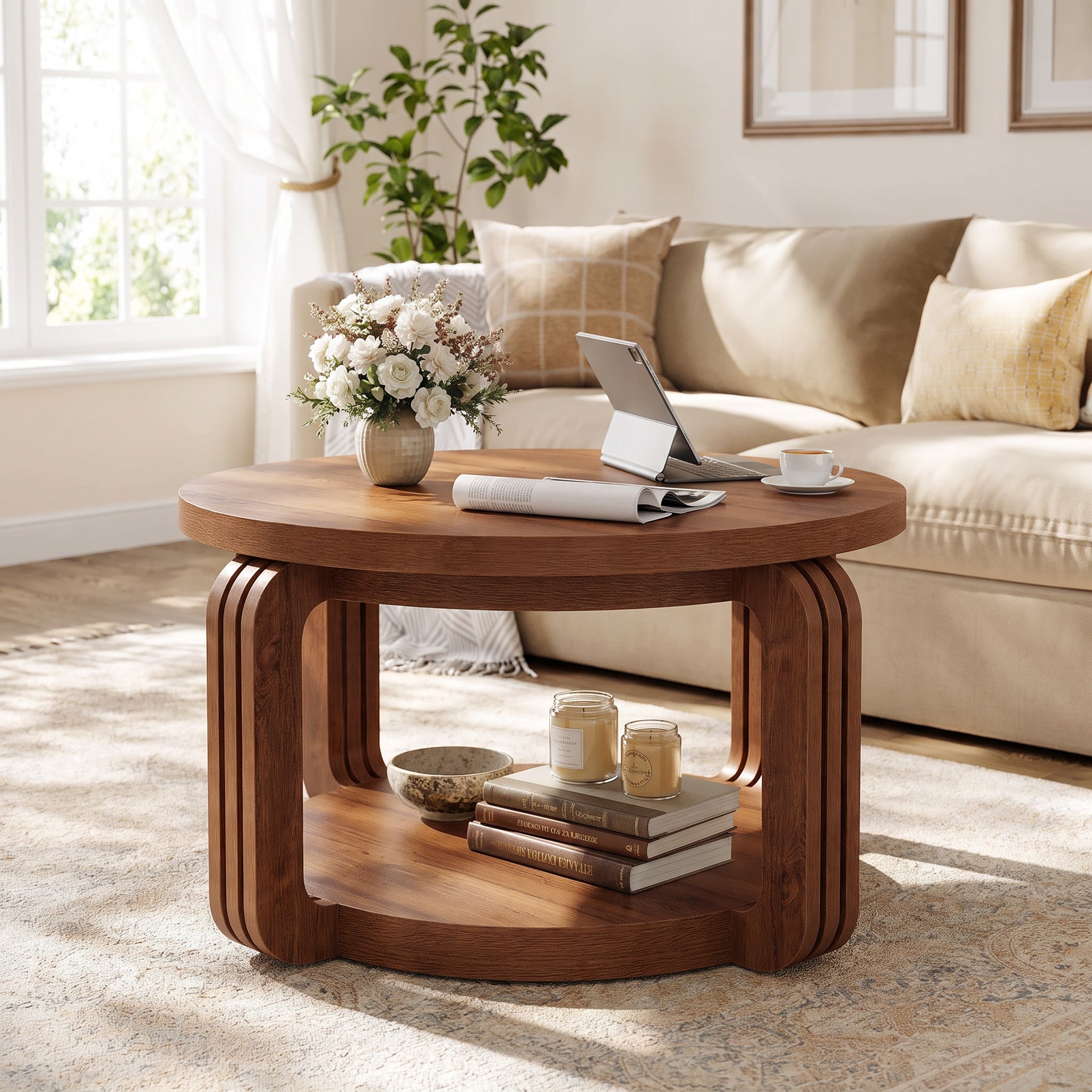 31.5-Inch Round Coffee Table with 2-Tier Storage, Arch Design Center Table for Living Room