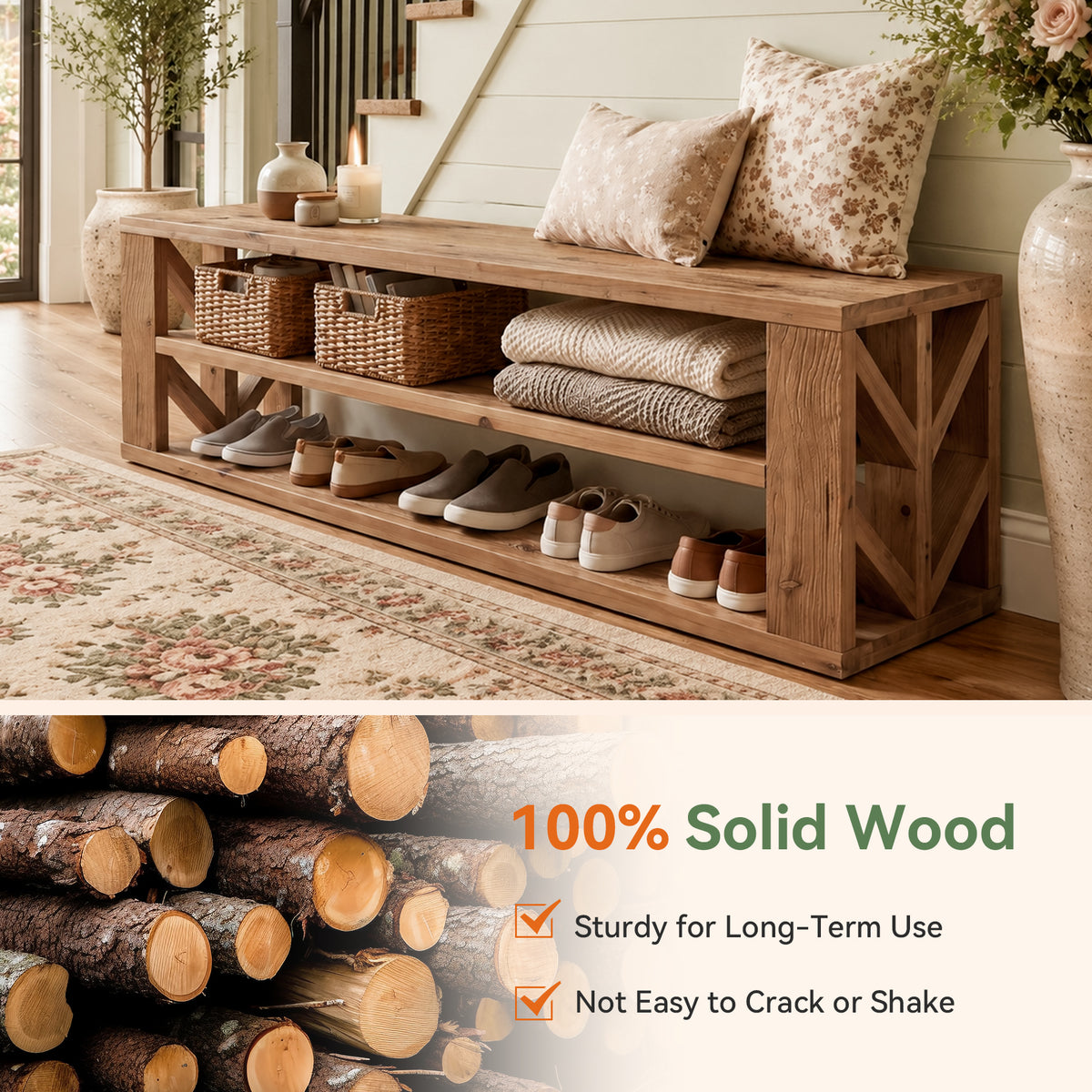 55" Solid Wood Entryway Bench, 3-Tier Storage Shoe Bench for Living Room, Hallway