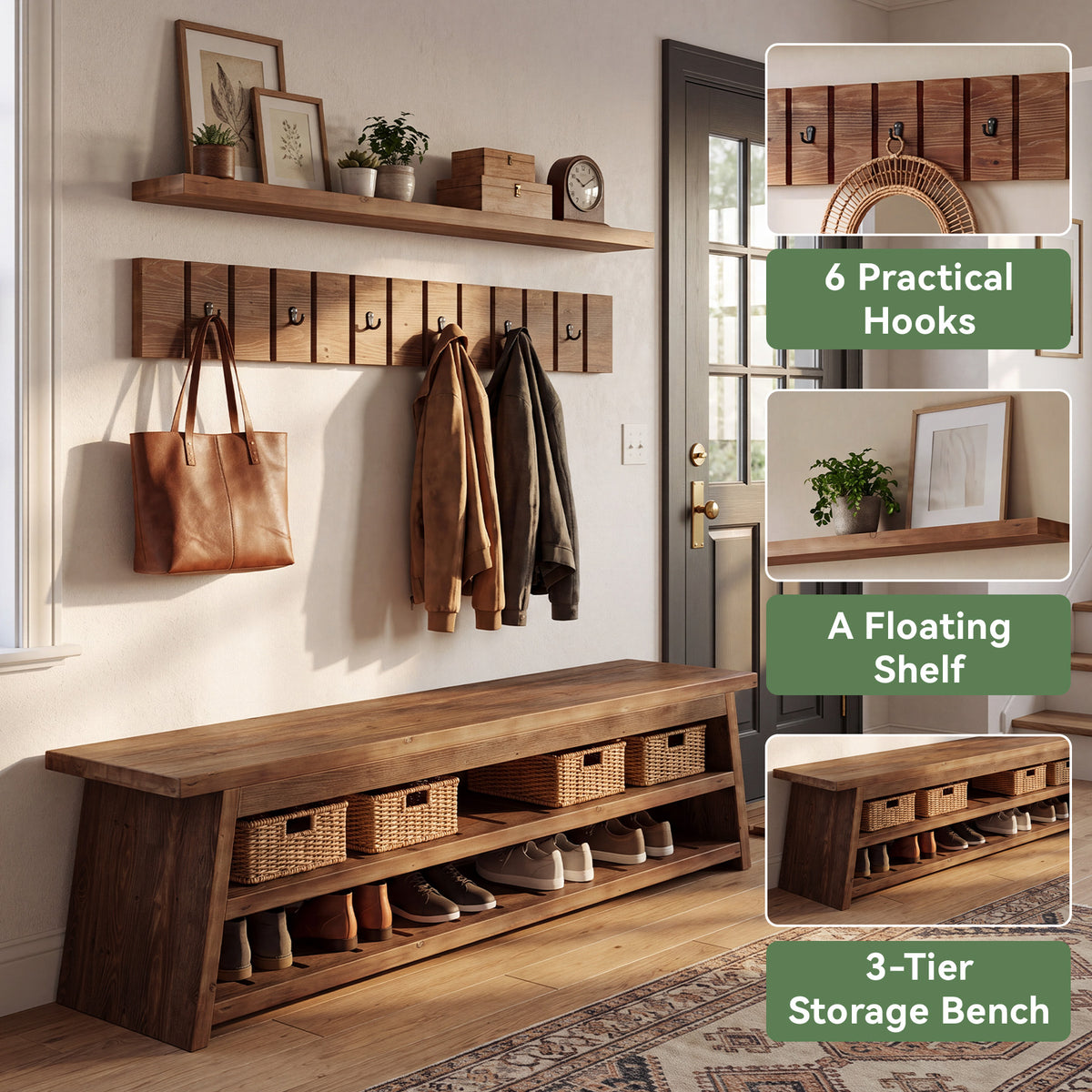 3-Piece Solid Wood Entryway Set, 63" W Coat Rack Set with Bench
