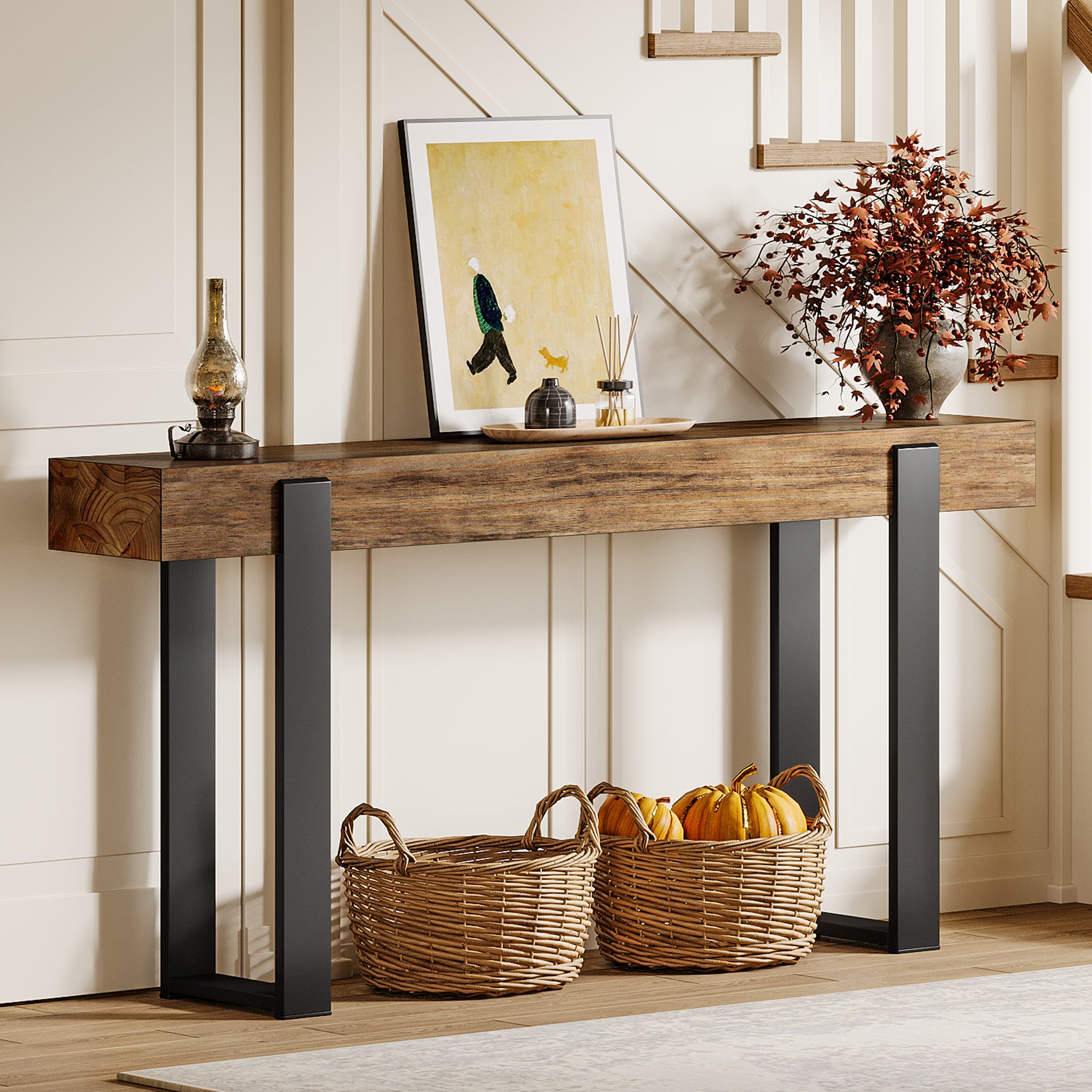 Solid Wood Console Table, 63" Entryway Sofa Table with Metal Legs