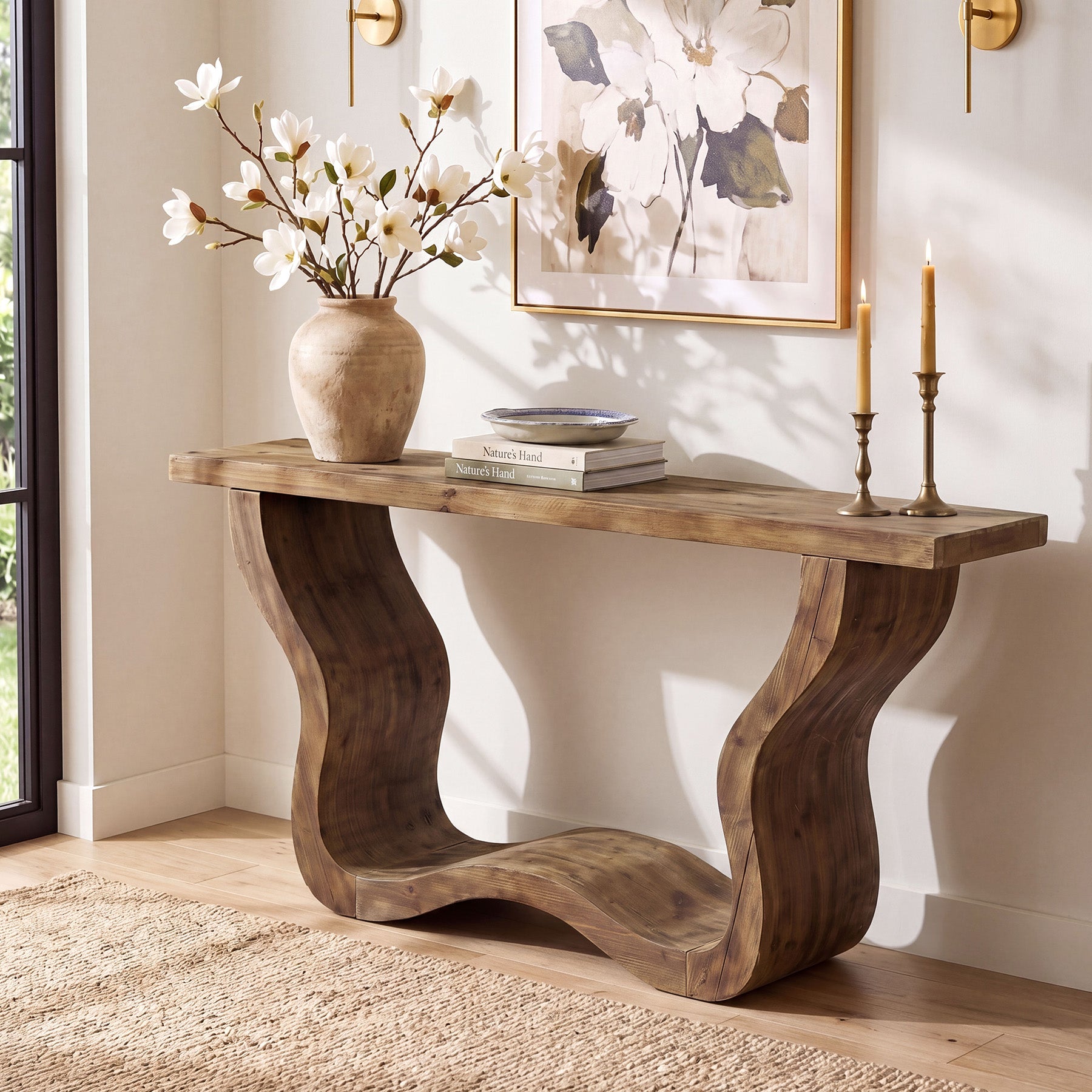 55" Solid Wood Farmhouse Console Table, Artistic Entryway Sofa Table for Hallway & Living Room