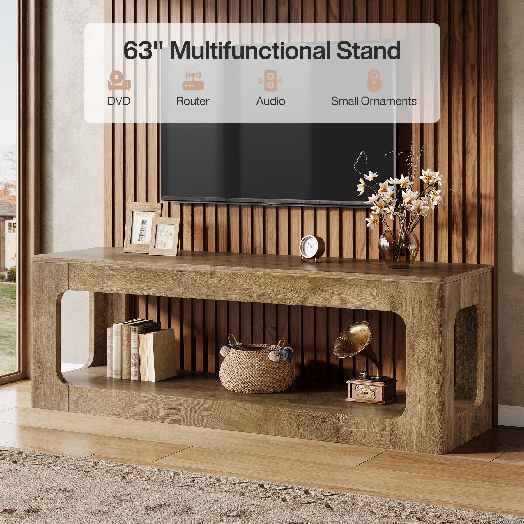 63" TV Stand, 2-Tier Entertainment Center for 55/60/65/75-Inch TVs