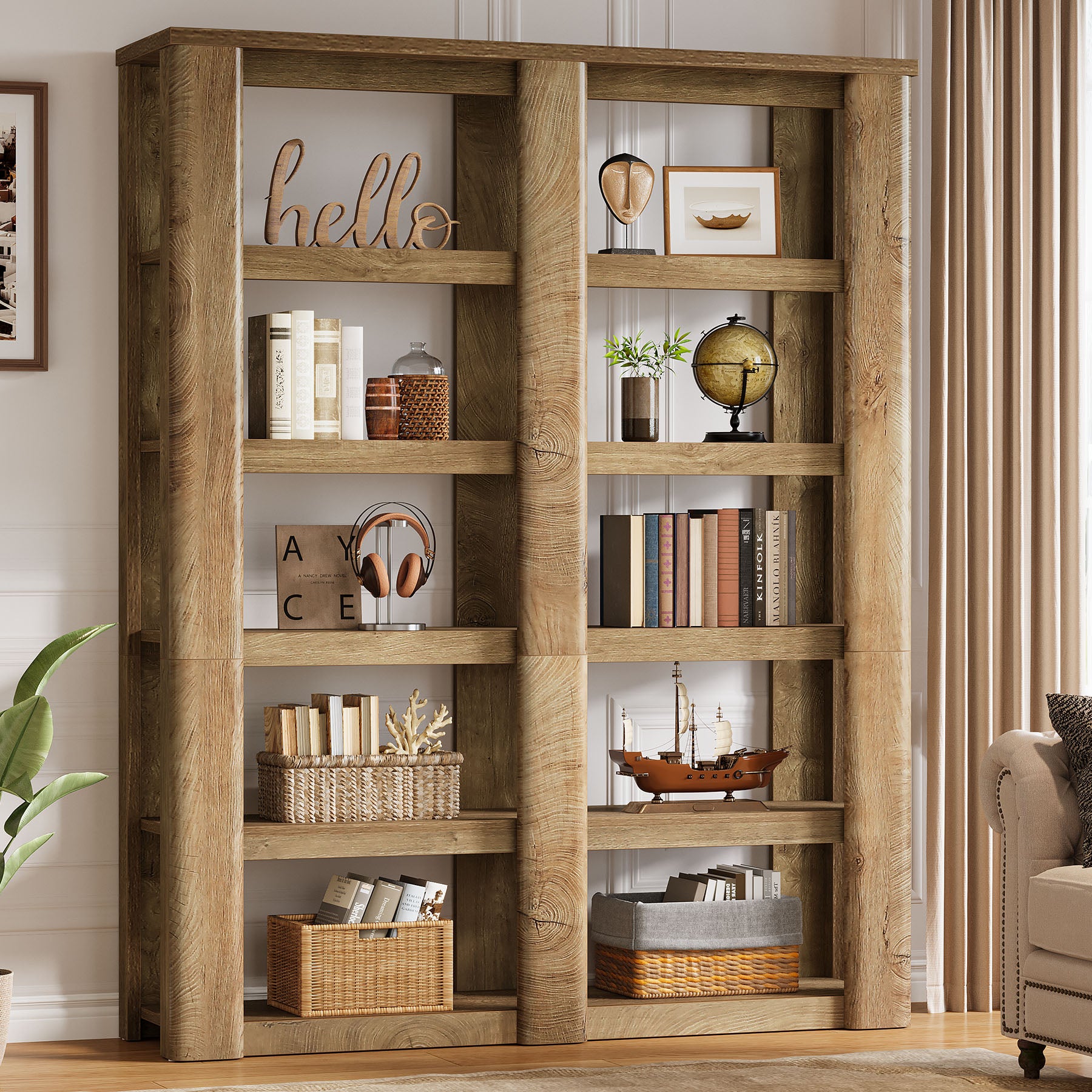 6-Tier Bookshelf, 71" Farmhouse Bookcase with Storage Shelves