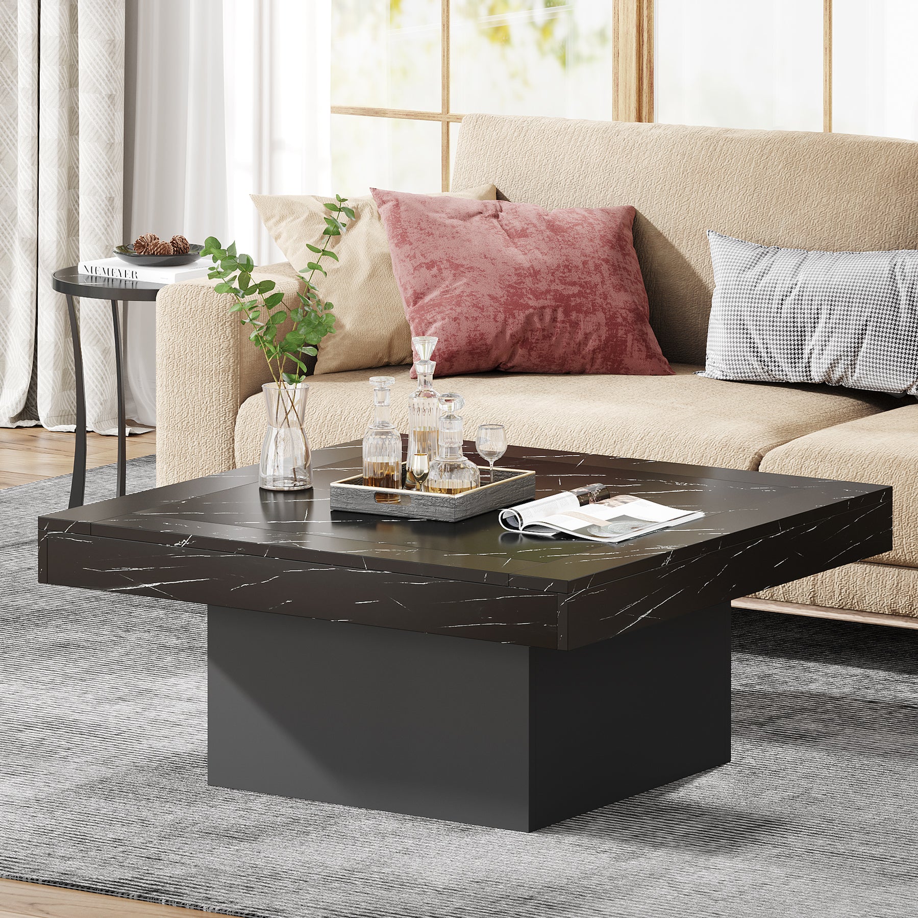 Tribesigns Farmhouse Coffee Table Square Cocktail Table with LED Light
