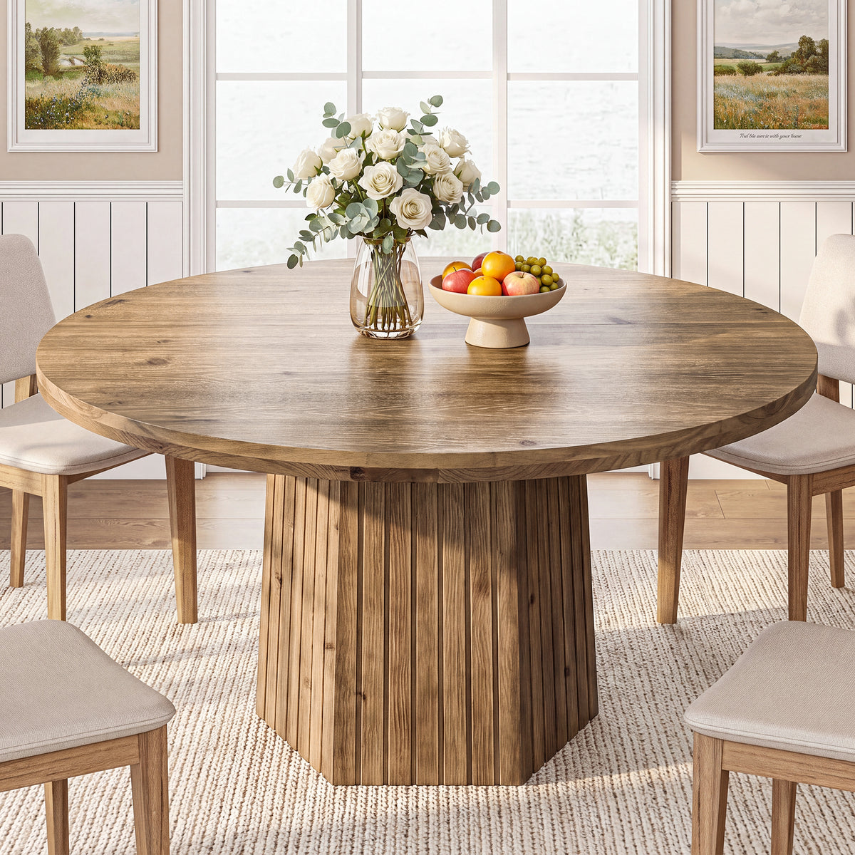 47" Farmhouse Solid Wood Dining Table for 4, Pedestal Base Kitchen Table