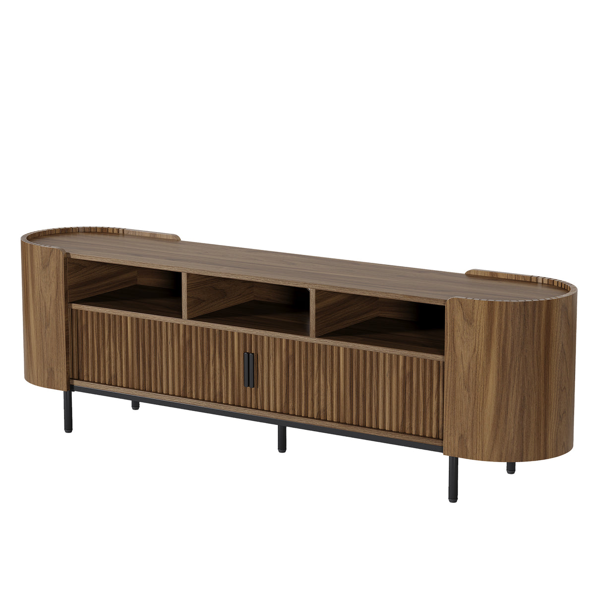 71 Inch TV Stand with Fluted Sliding Doors and Storage, Mid Century Media Console for Living Room