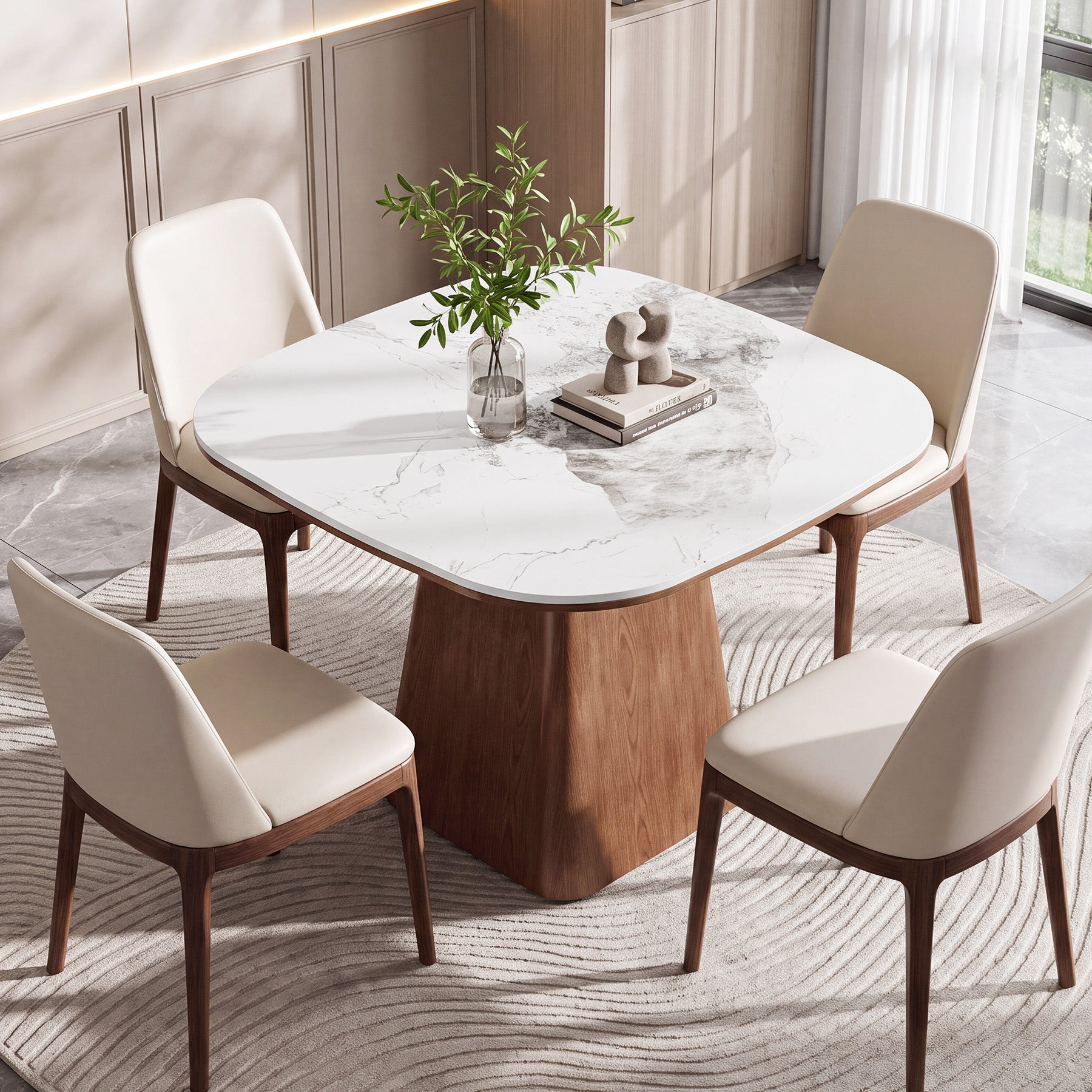 35.4" Square Sintered Stone Dining Table, Small Kitchen Table with Solid Wood Base