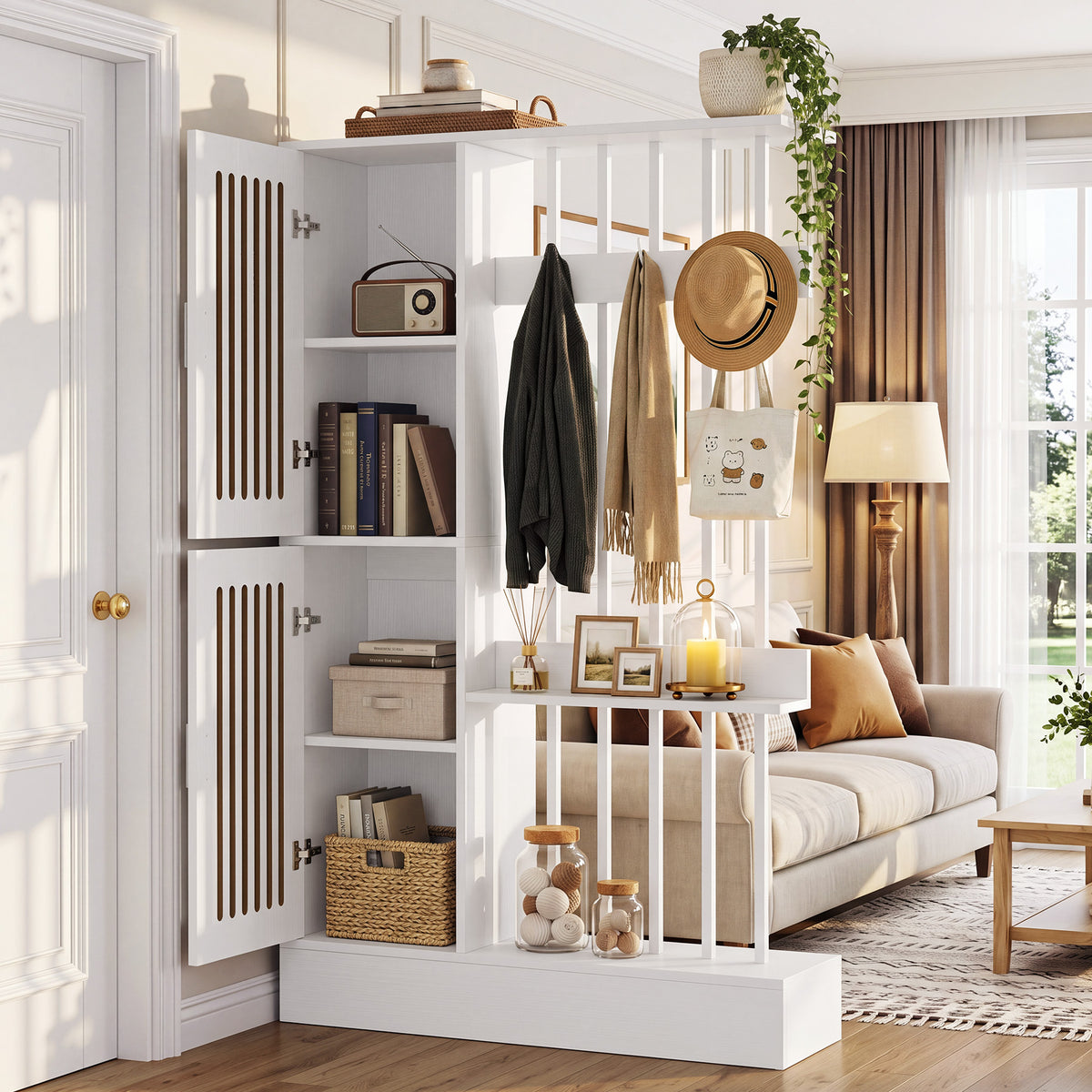 71" Room Divider with Shelves and Storage Cabinet, Modern Wall Partition for Home