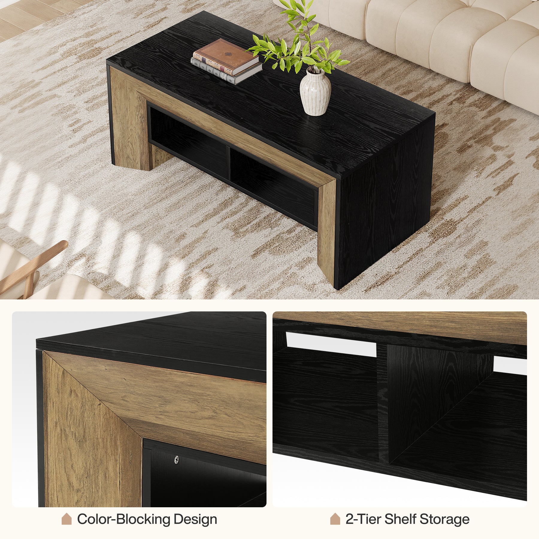 47" Modern Coffee Table, Rectangular Center Table with 2-Tier Storage