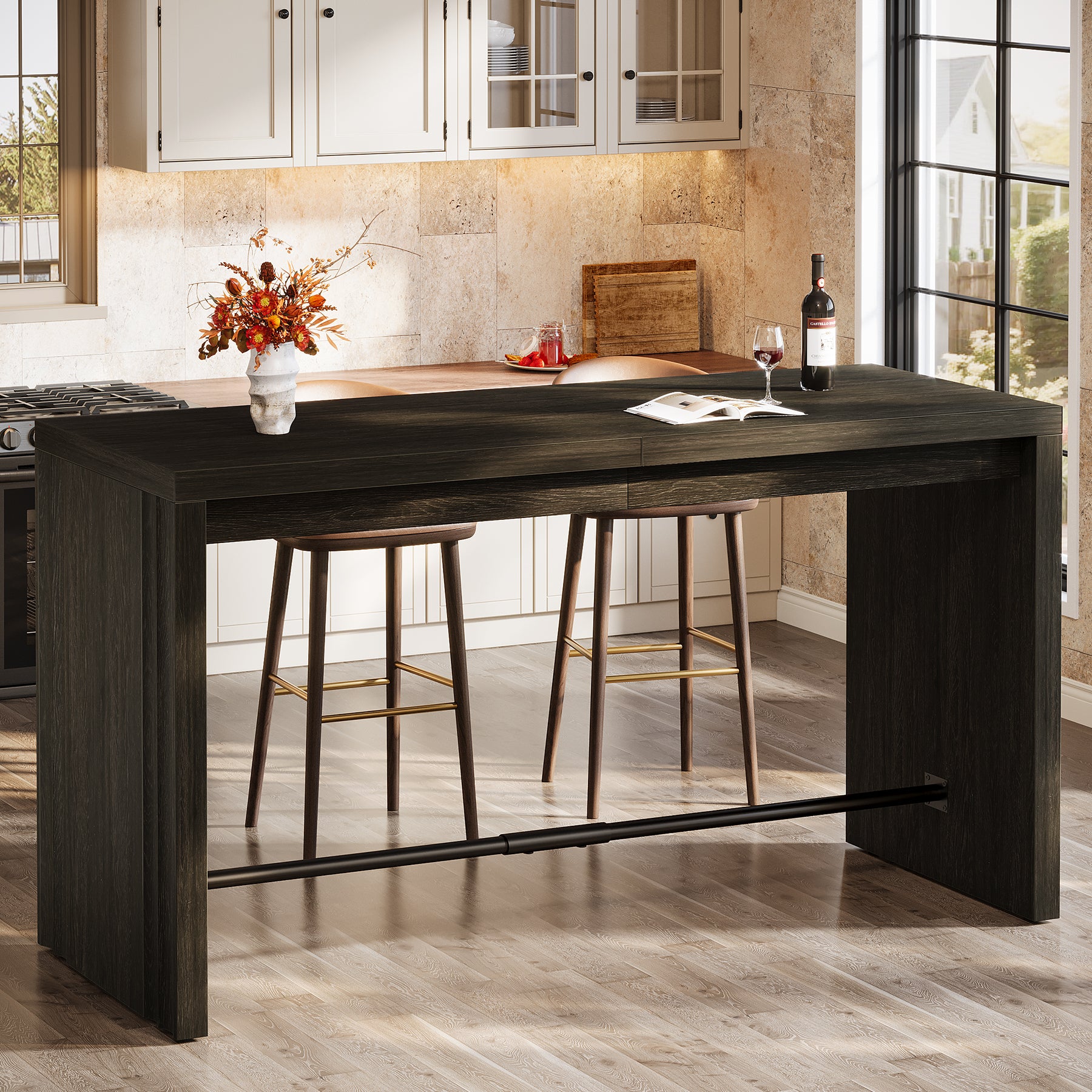 63" Bar Table, Rectangular Counter Height Pub Table with Metal Footrest