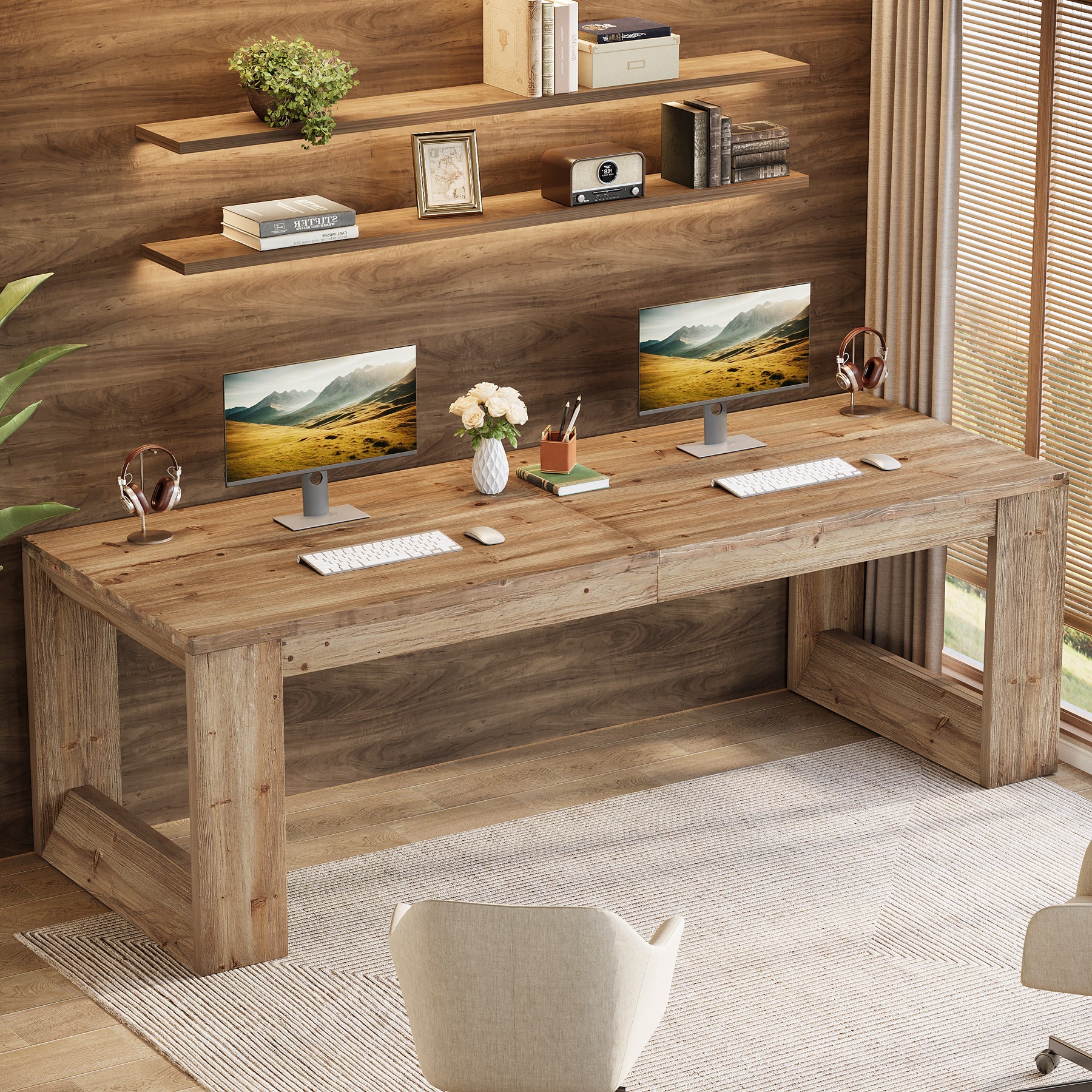 86.6" Two Person Desk, Farmhouse Solid Wood Computer Desk for Home Office