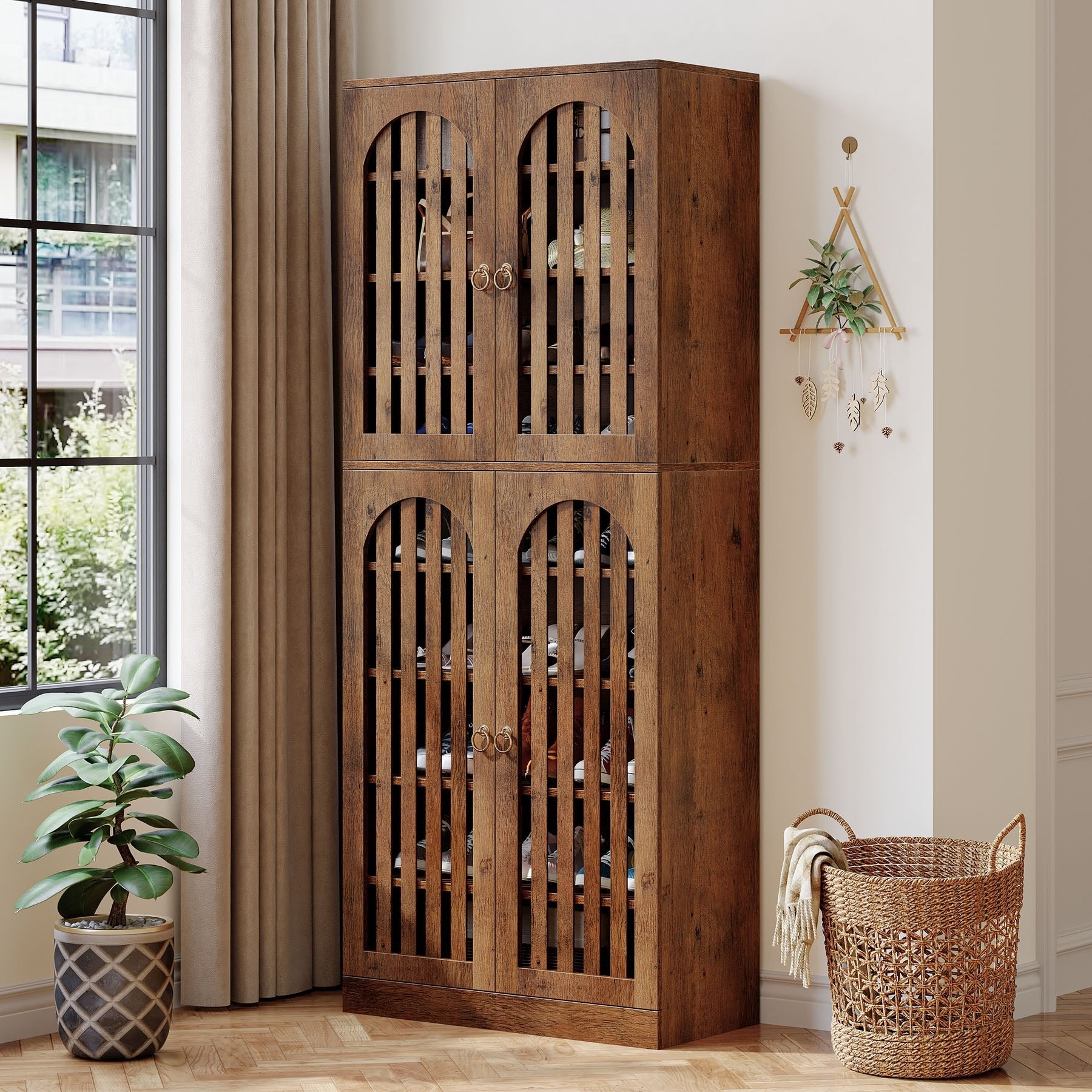 70.8" Kitchen Pantry, Wooden Cupboard Storage Cabinet with 4 Slatted Doors