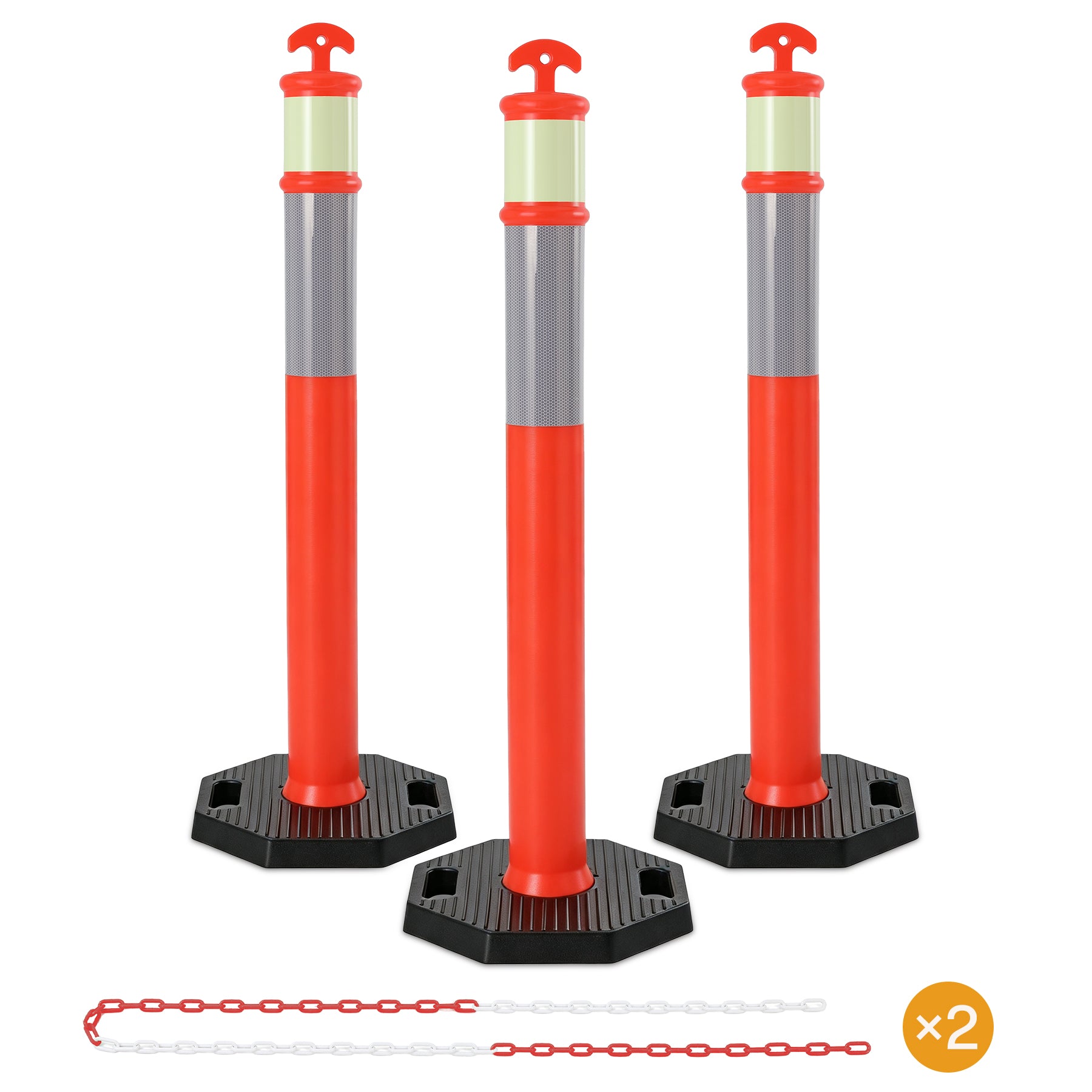 45" Reflective & Glow-in-the-Dark Traffic Delineator Posts with Heavy Rubber Base & Connecting Chains