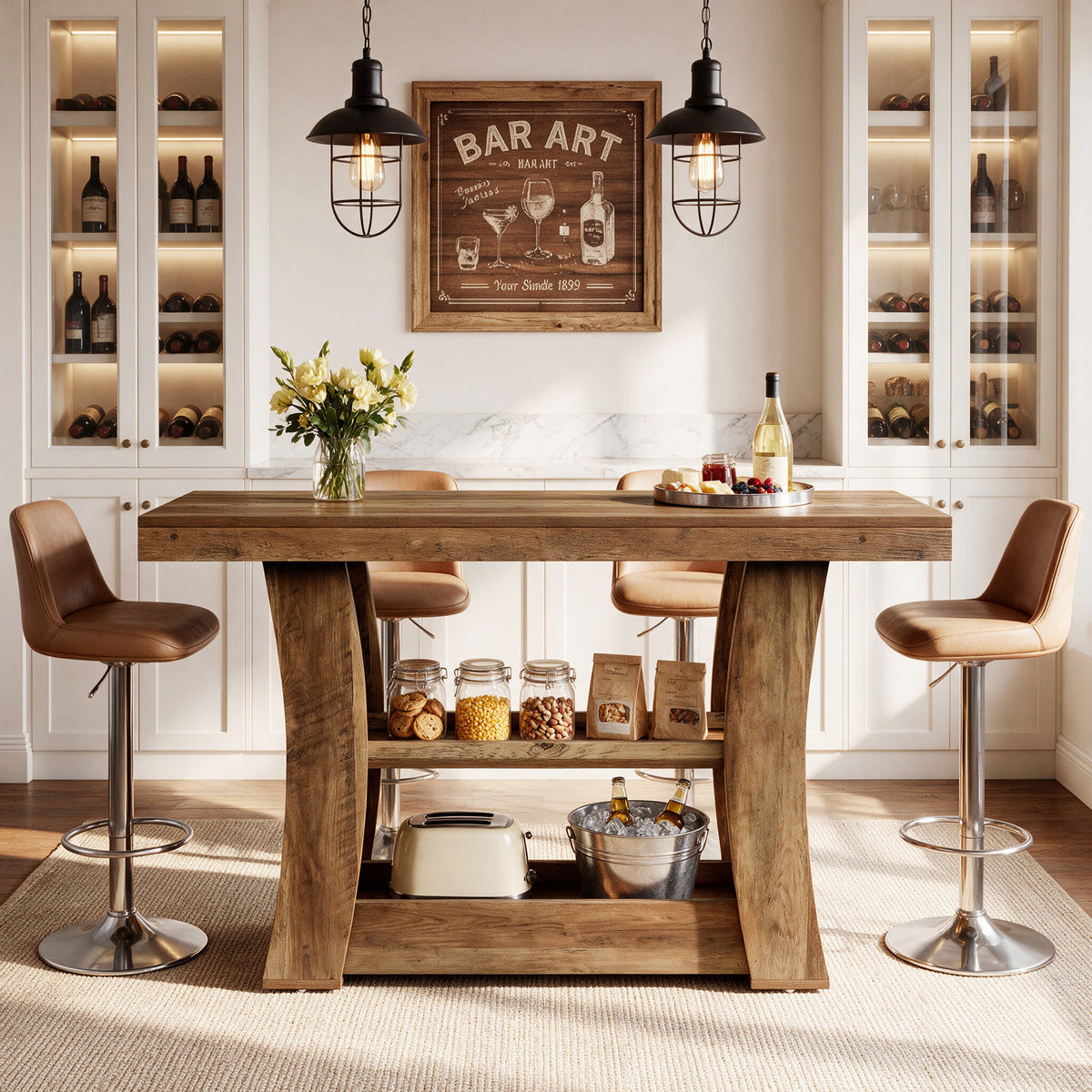 59.06" Bar Table, Counter Height Pub Table with 2-Tier Storage Shelves for Home Bar