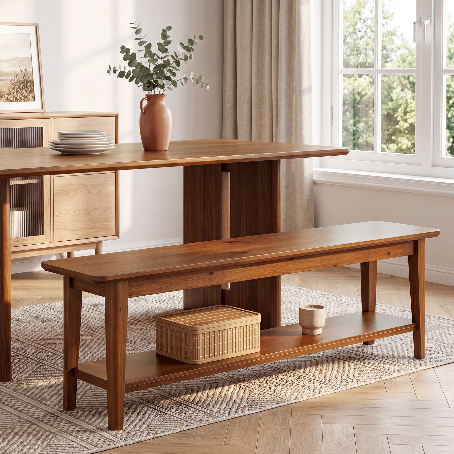 55" Solid Wood Dining Bench, Farmhouse Kitchen Bench with Lower Shelf