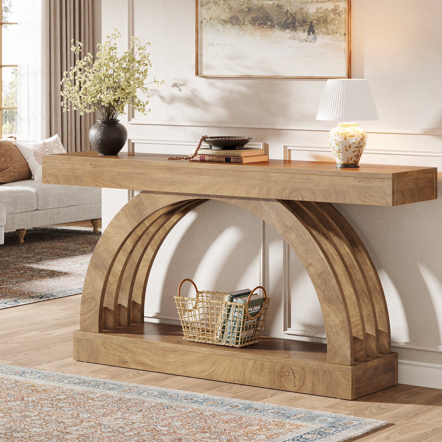 2-Tier Console Table, 63" Unique Arched Sofa Table Behind The Couch
