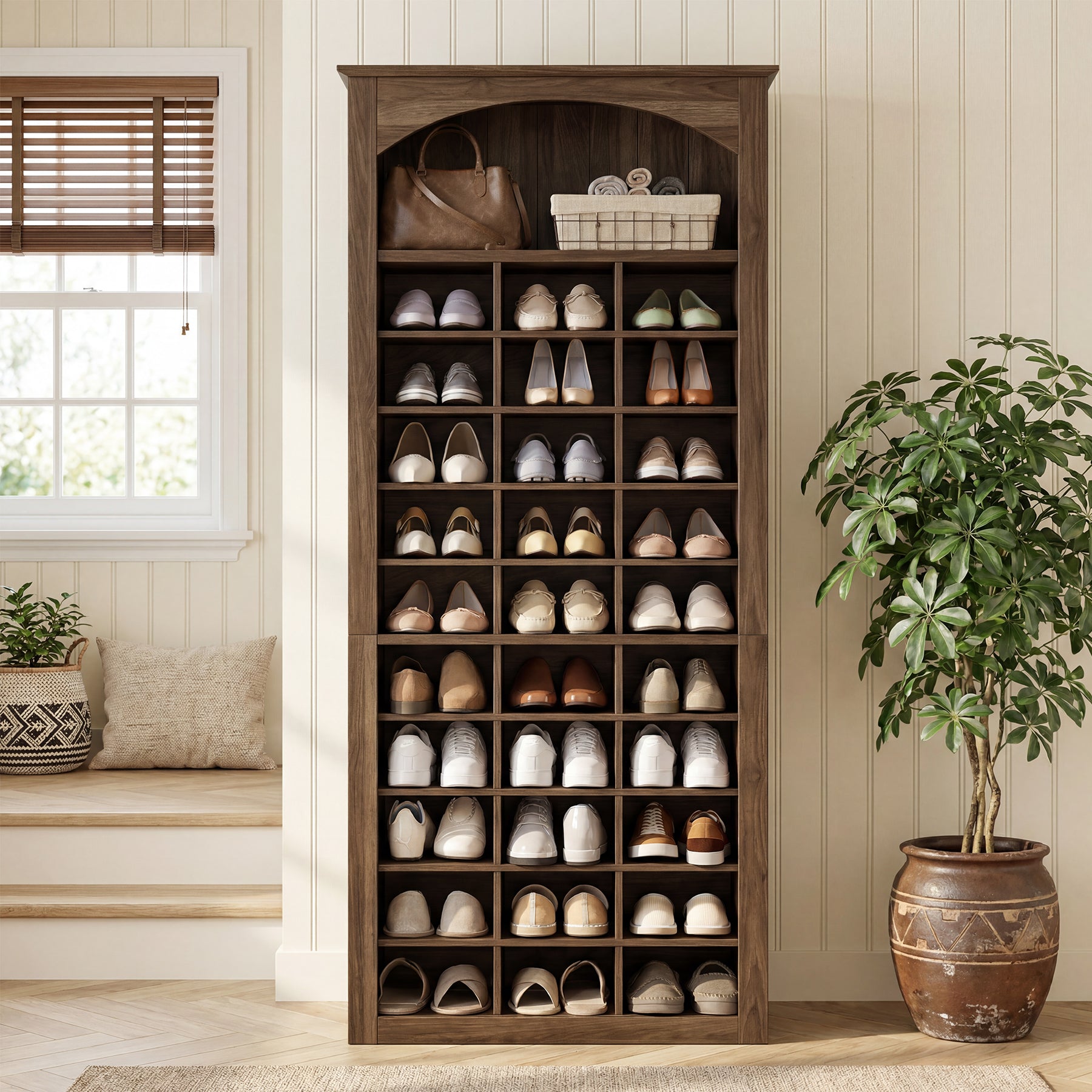 30-Cube Shoe Rack, 68.9" Shoe Cabinet with Arched Display Shelf for Entryway