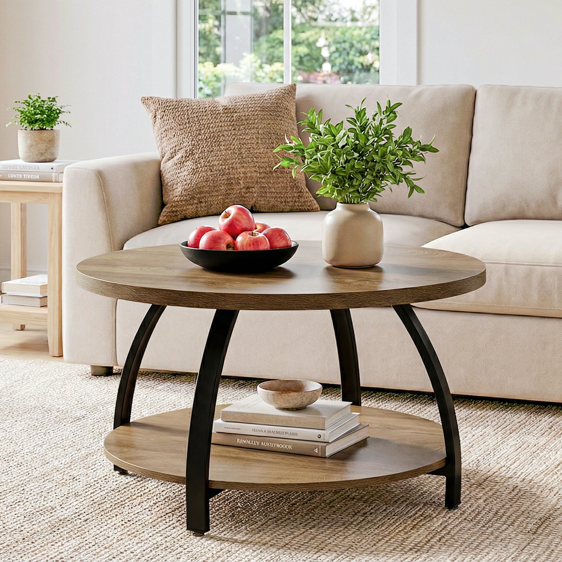 Round Coffee Table, 31.5" Center Cocktail Table with 2-Tier Storage Shelves