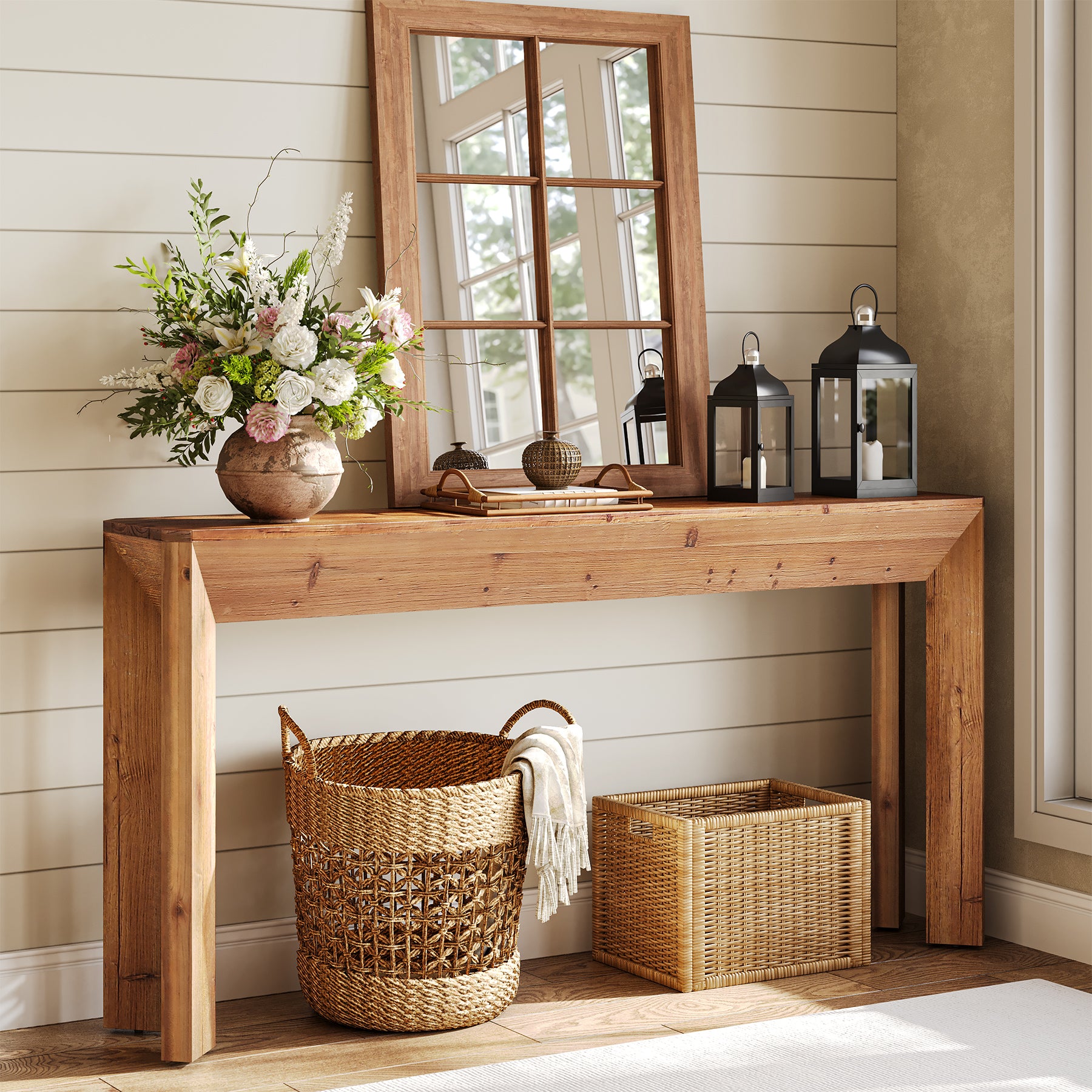 Solid Wood Console Table, 63" Entryway Table with Integrated Splayed Legs