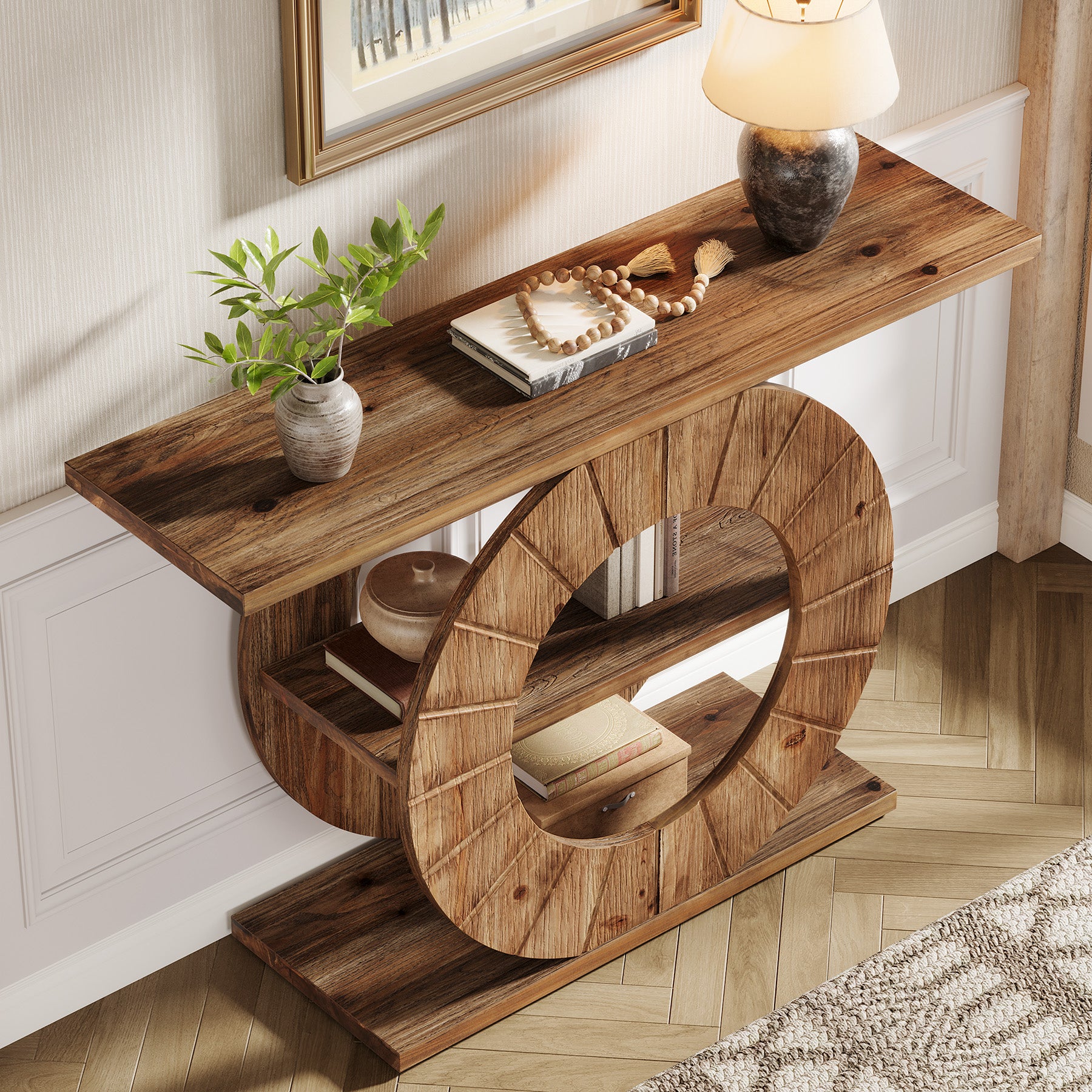 41" Solid Wood Farmhouse Console Table with 3-Tier Shelves, Narrow Sofa Table with Carved Circular Base