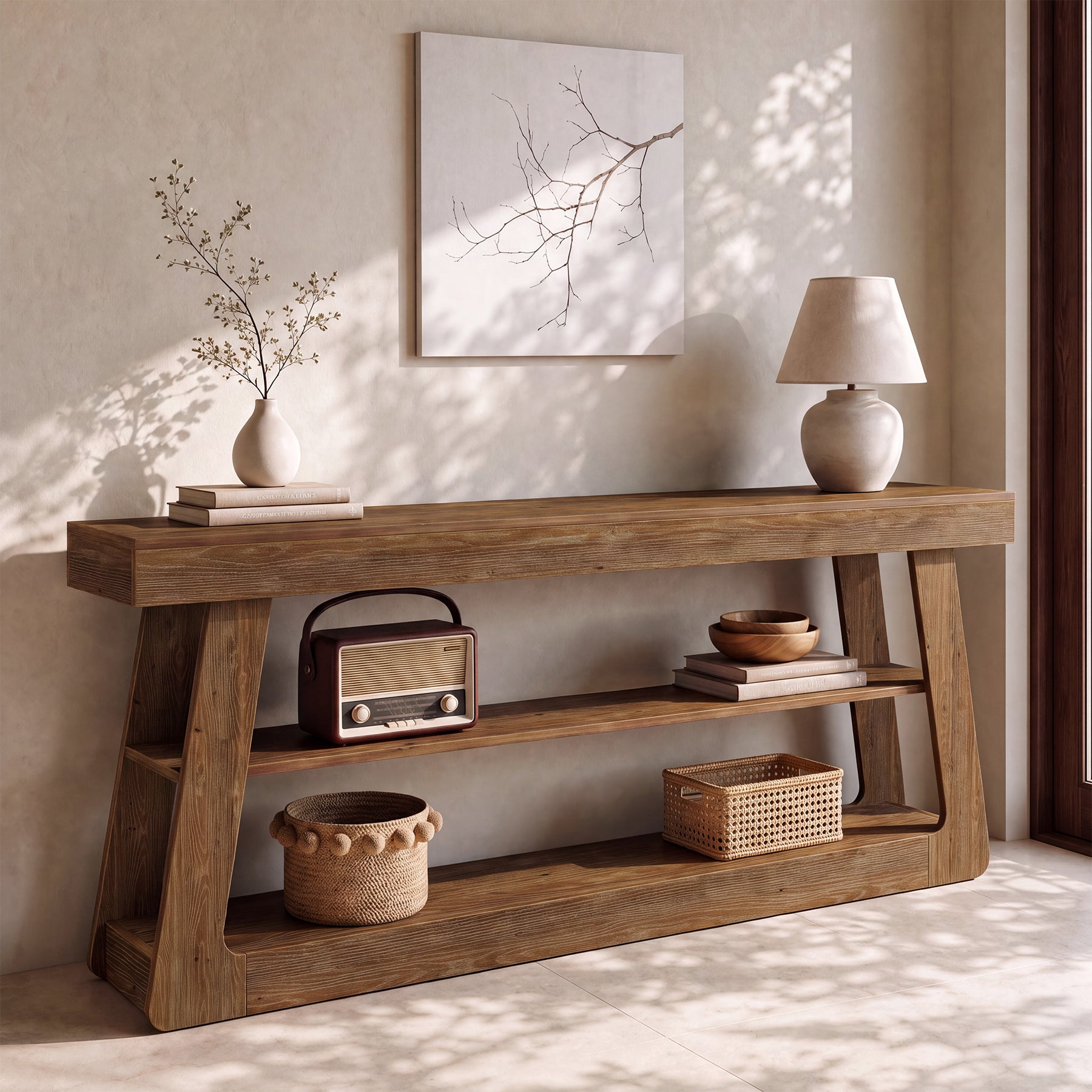 63" Solid Wood Console Table, 3-Tier Sofa Entryway Table with A-Shaped Frame for Hallway
