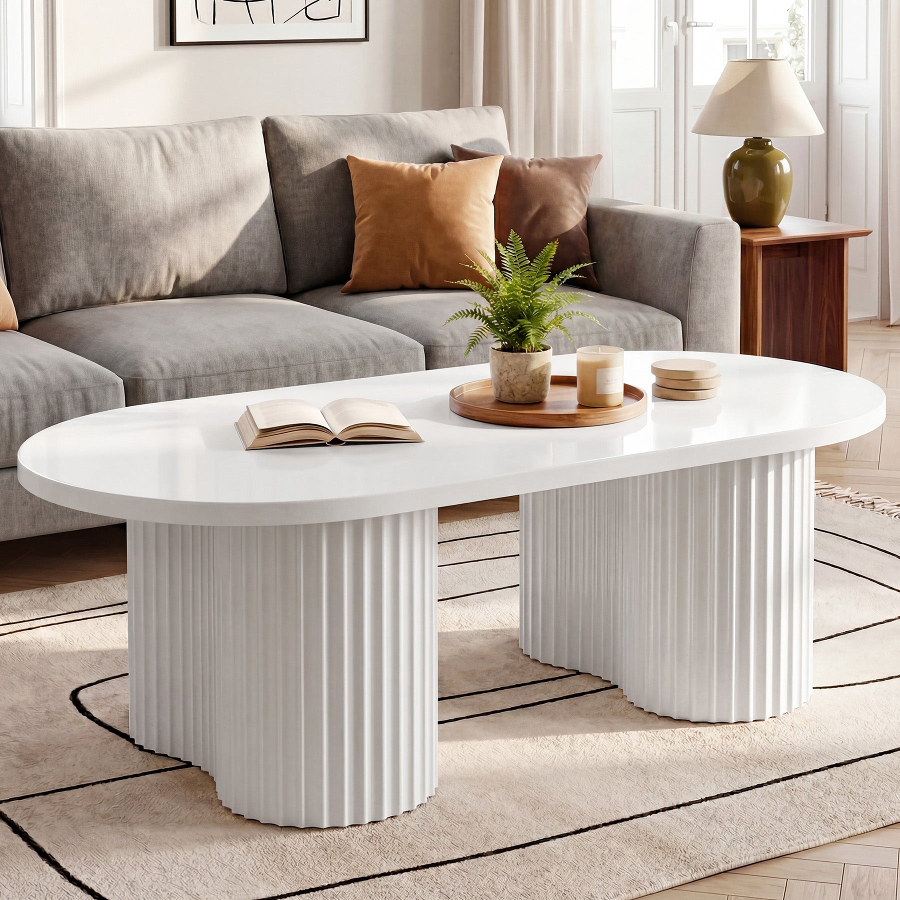 47" Oval Coffee Table with Fluted Base, Modern White Center Table for Living Room, Bedroom & Office