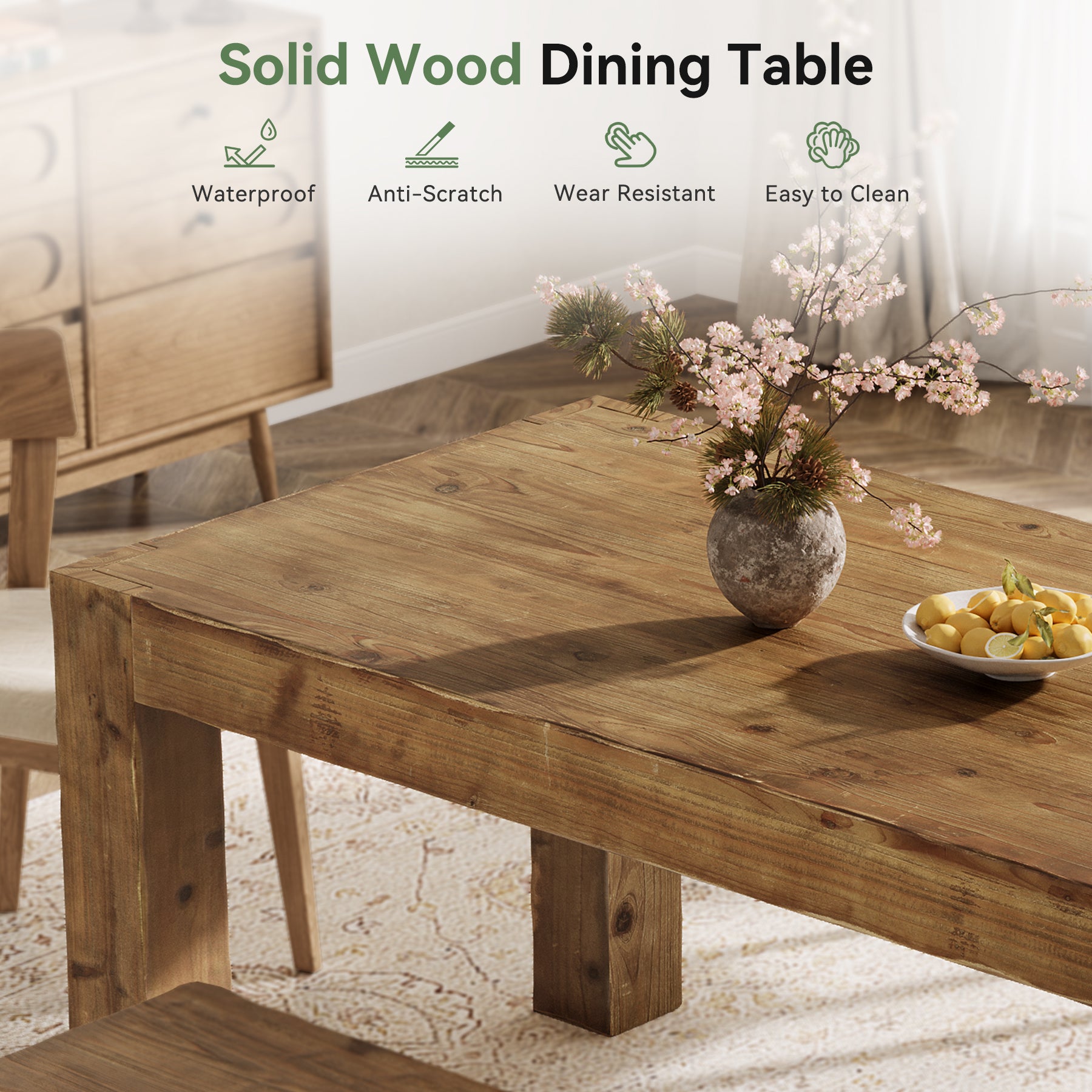 63" Dining Table, Solid Wood Dinner Kitchen Table For 4 To 6