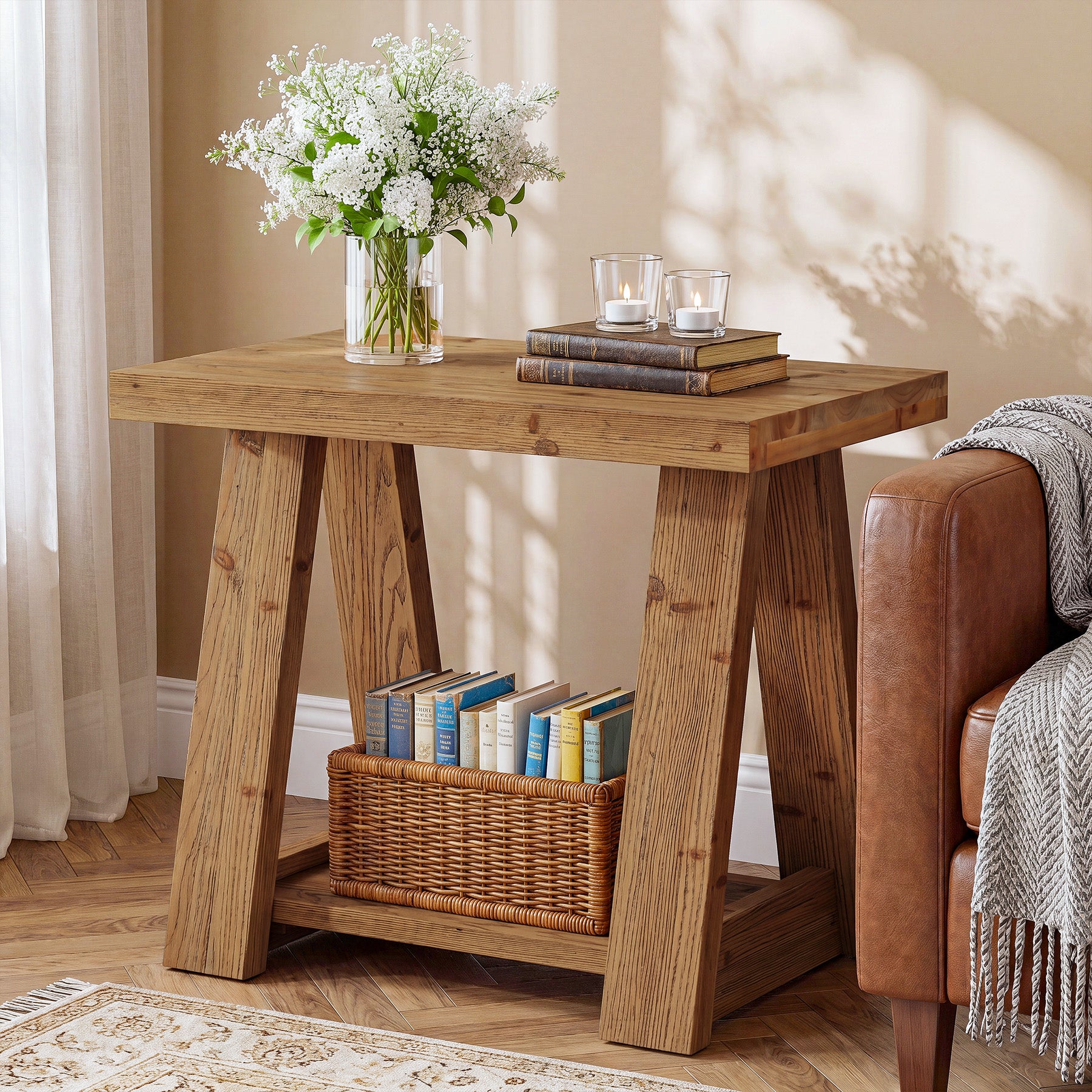 Tribesigns 23.6 Inch 2-Tier Side Table, Solid Wood Rectangle End Table with Storage Shelves for Living Room
