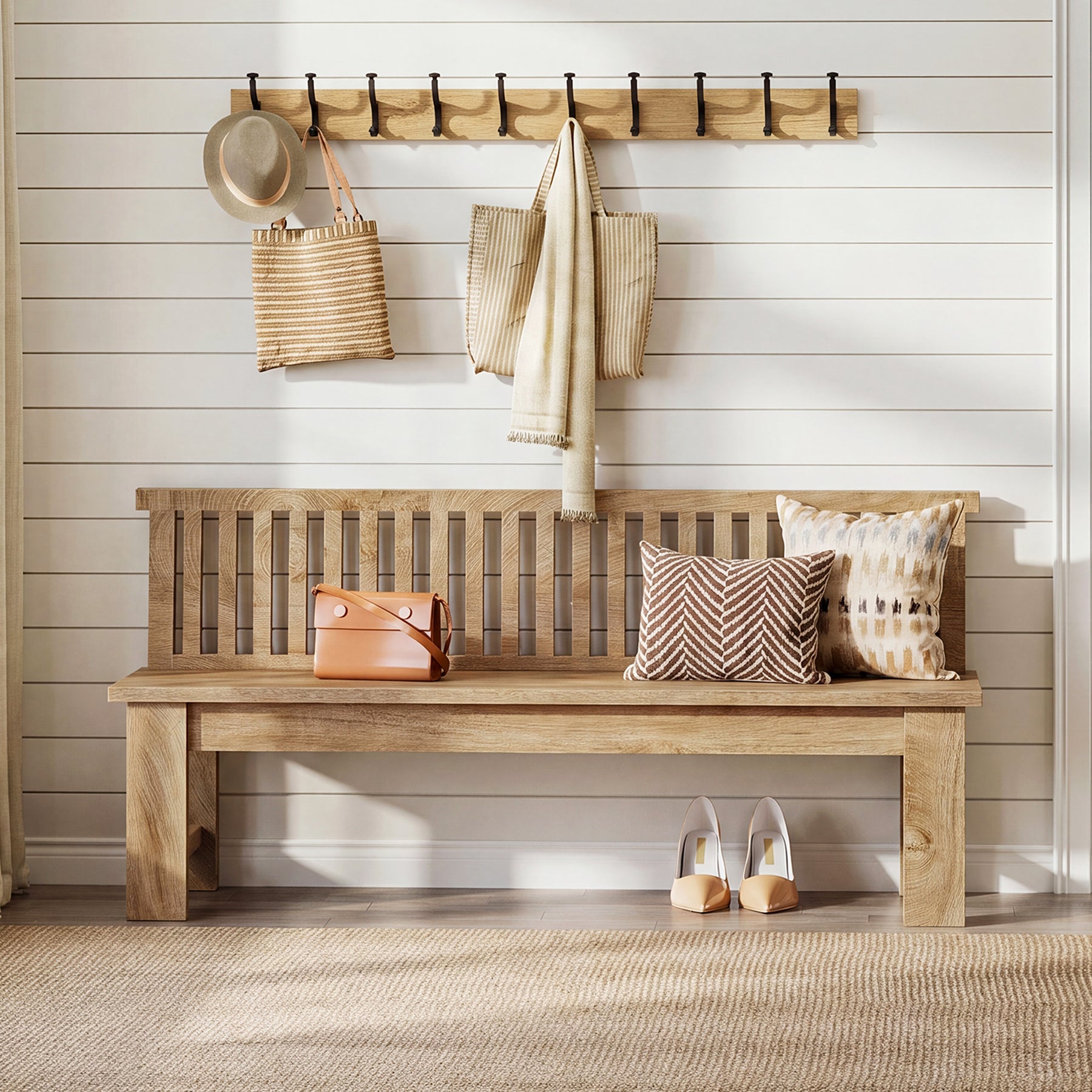 55" Entryway Bench, Farmhouse Seating Bench with Vertical Stripes Backrest for Hallway