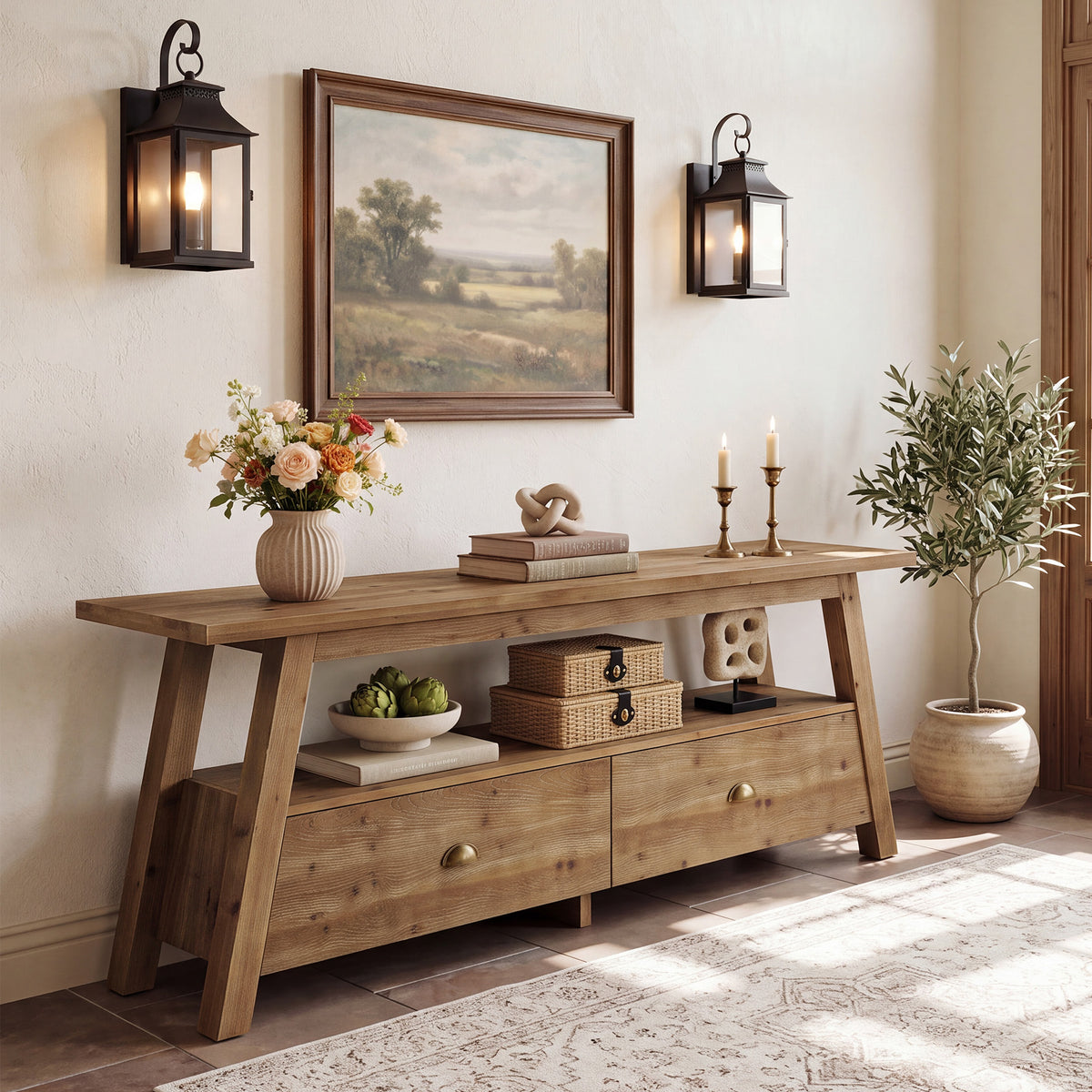 63" Console Table with Drawers, Farmhouse Solid Wood, 2-Tier A-Frame Entryway Table