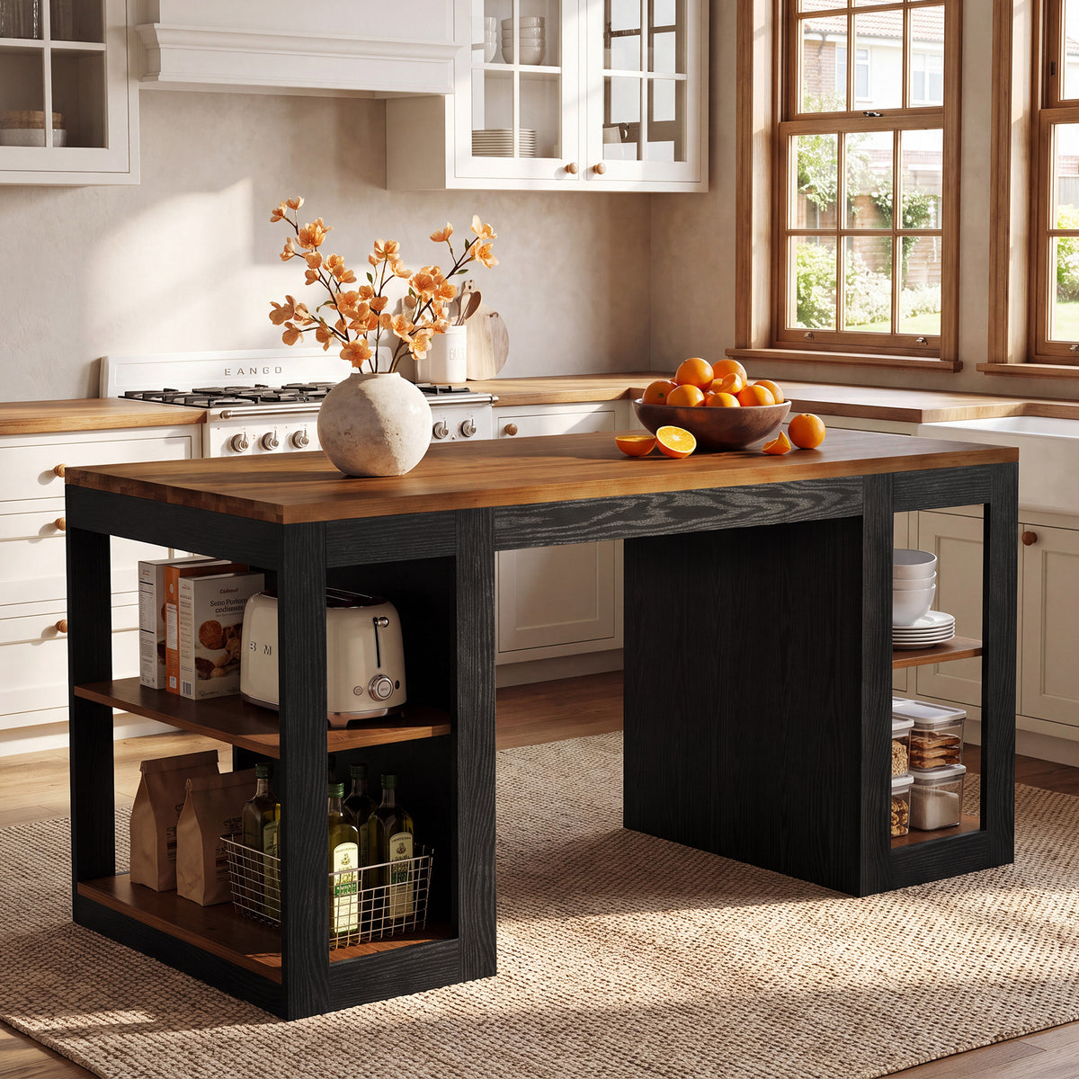 63" Farmhouse Solid Wood Kitchen Island, 2-Tier Side Storage