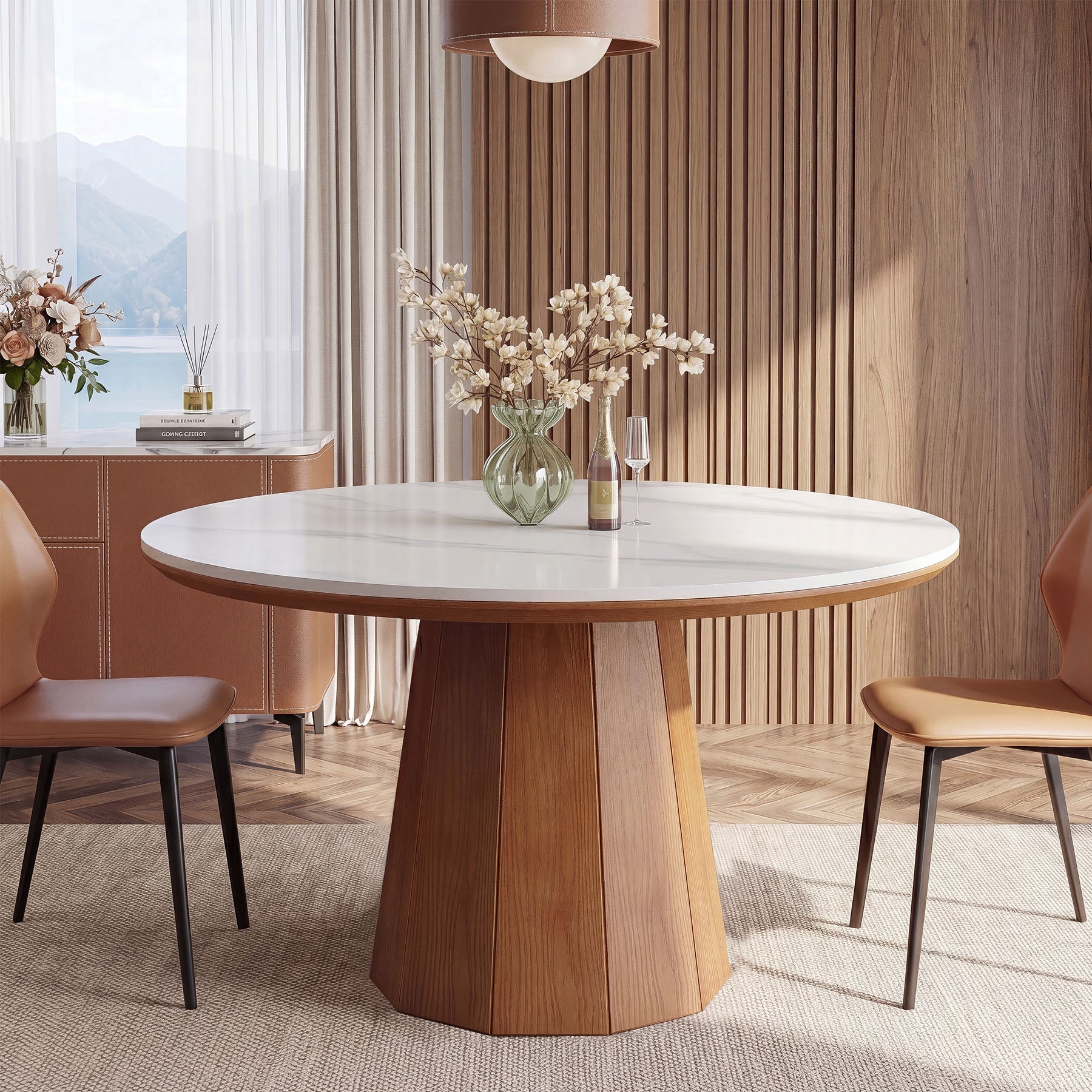 47” Round Sintered Stone Dining Table, Solid Wood Kitchen Dinner Table for 4-6