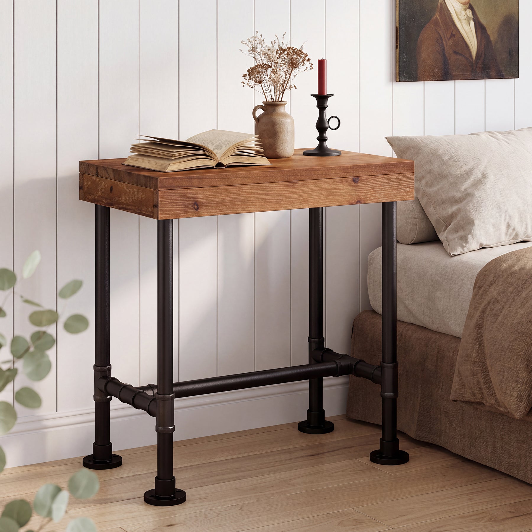 Industrial Narrow End Table with Metal Pipe Frame, Solid Wood Side Table, Living Room