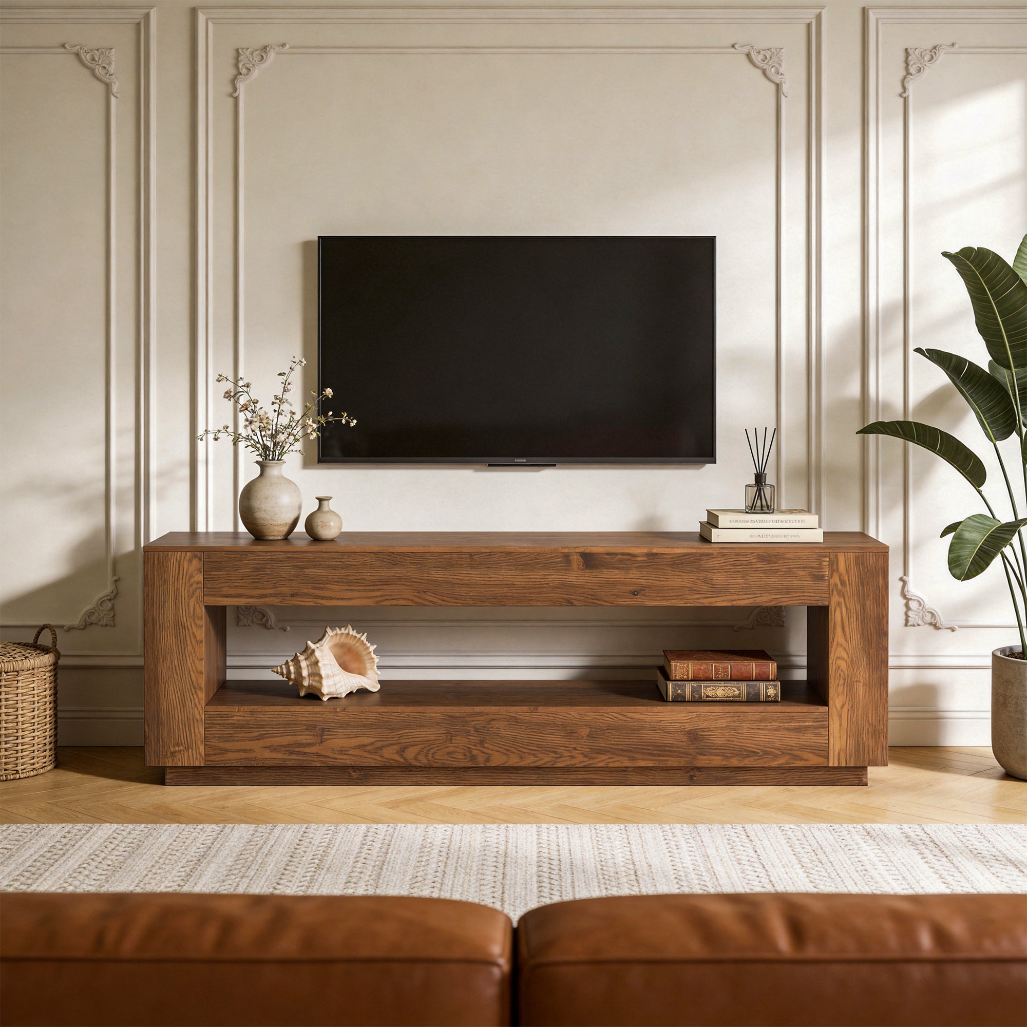 70.87" Solid Wood TV Stand, 2-Tier Entertainment Center for up to 80" TV