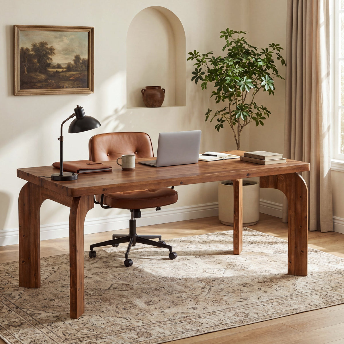 63" Solid Wood Executive Desk with Curved Legs, Rectangular Home Office Desk