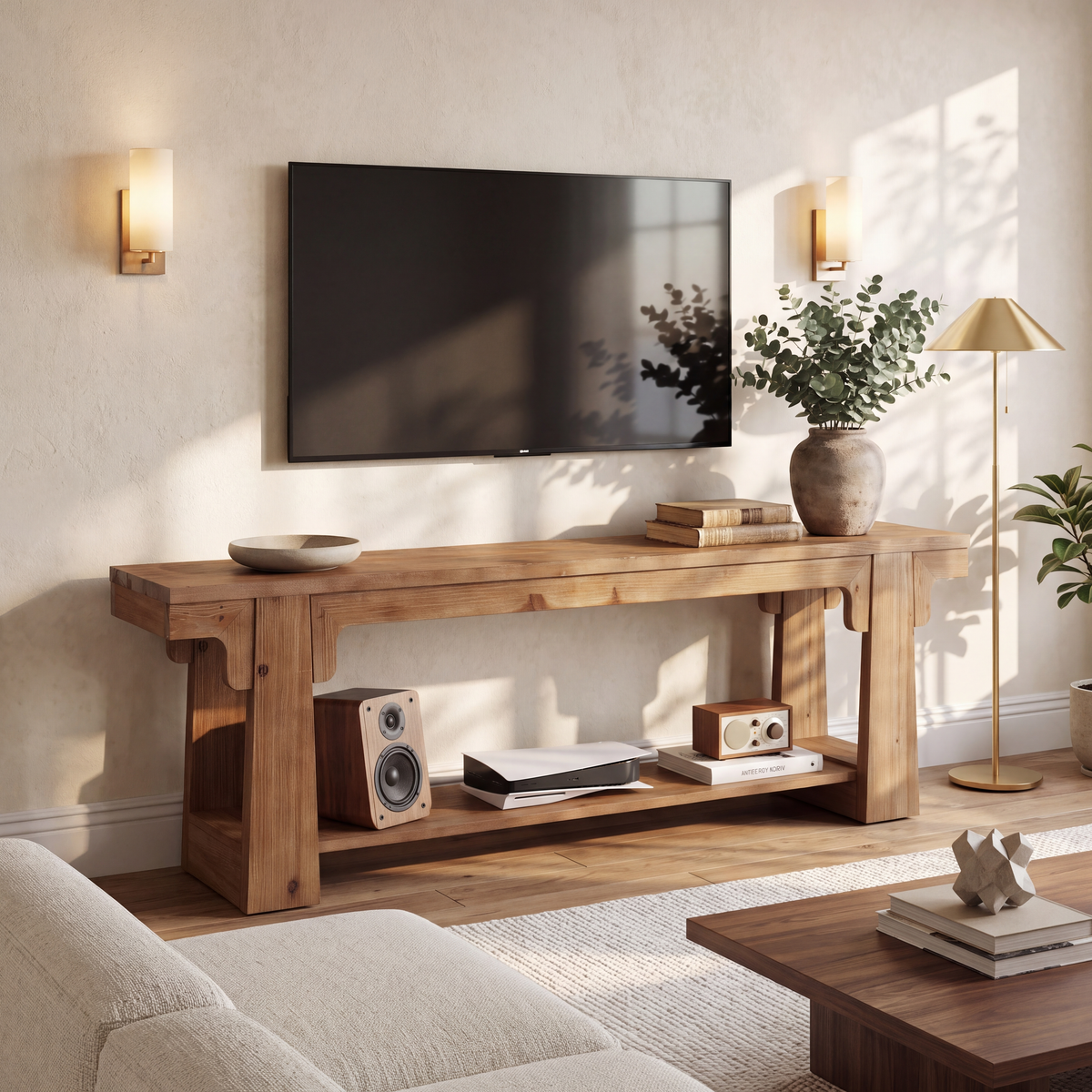 63" Farmhouse Solid Wood TV Stand for 75" TV, 2-Tier Open Shelf, Living Room