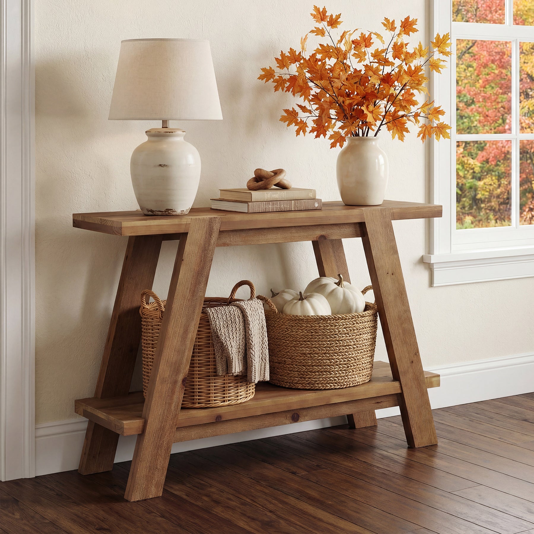 43" Narrow Console Table, 2-Tier Solid Wood Sofa Entryway Table